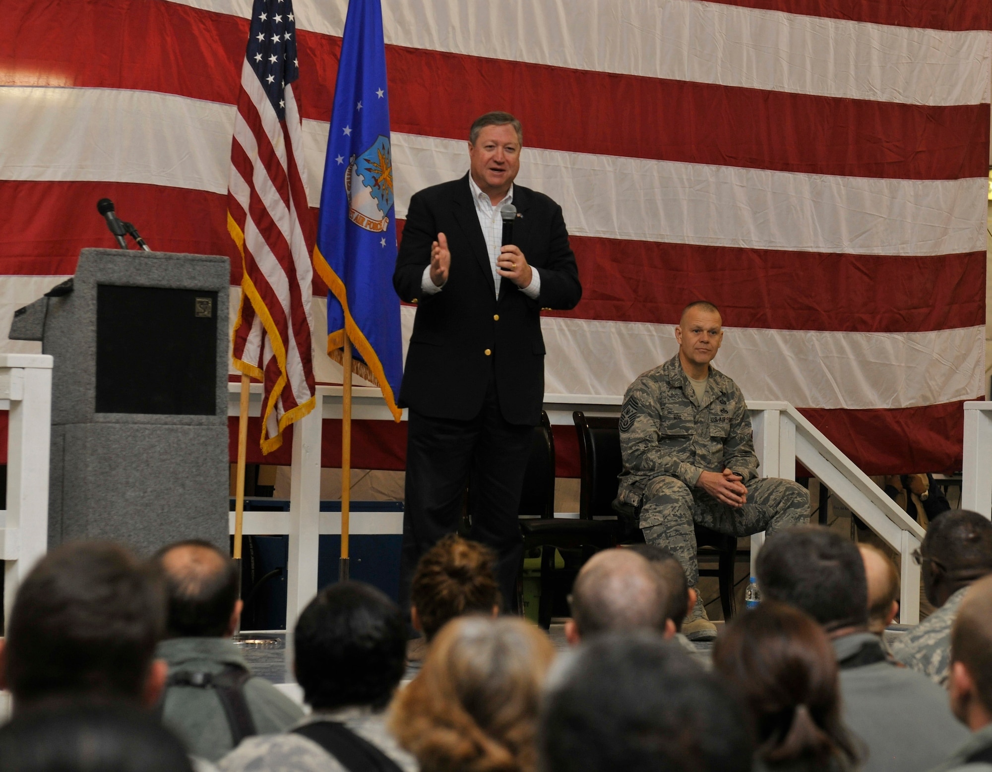 Secretary of the Air Force Michael Donley answers questions from Airmen about the future of the Air Force and Afghanistan during his visit to Bagram Airfield, Afghanistan, November 26, 2010. Secretary Donley and Chief Master Sgt. of the Air Force James Roy met with Airmen and Soldiers in Iraq and Afghanistan over Thanksgiving weekend. (U.S. Air Force photo/Staff Sgt. Christopher Boitz)