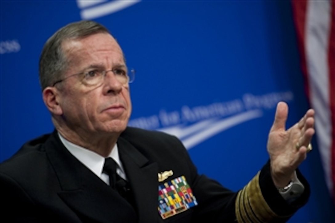 Chairman of the Joint Chiefs of Staff Adm. Mike Mullen, U.S. Navy, addresses the Center for American Progress on the current military-to-military dialogue between the United States and China in Washington, D.C., on Dec. 1, 2010.  