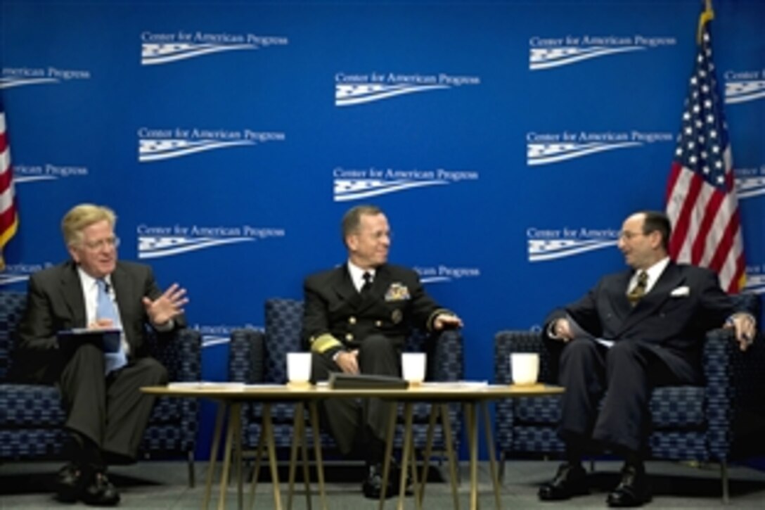 Rudy deLeon, left, senior vice-president of the Center for American Progress, Navy Adm. Mike Mullen, chairman of the Joint Chiefs of Staff, and David Finkelstein, vice-president and director, China Studies, Center for Naval Analyses answer audience questions at the Center for American Progress on the current military-to-military dialogue between the United States and China in Washington, D.C., Dec. 1, 2010. DeLeon is a former deputy U.S. defense secretary.