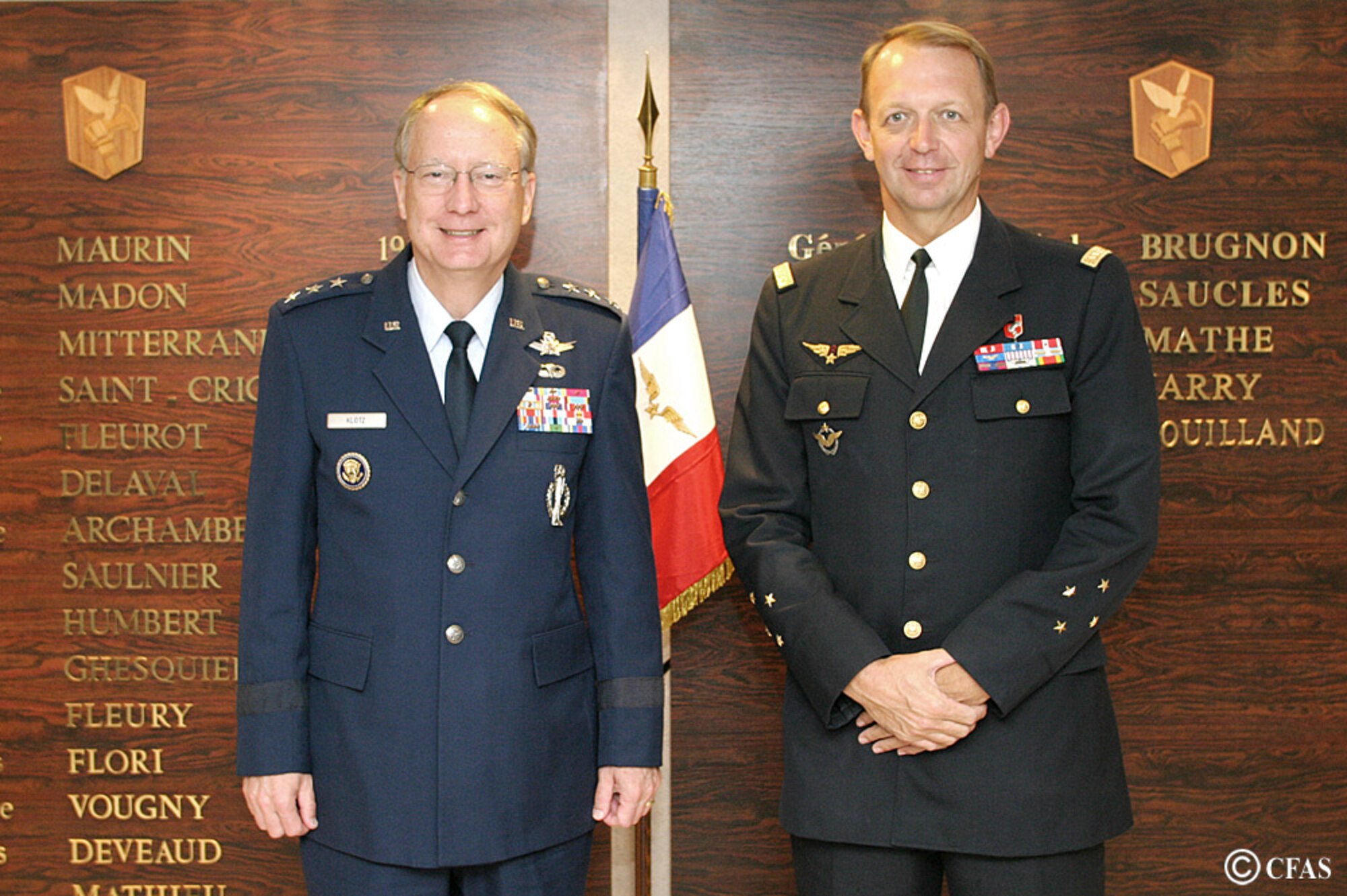 Lt. Gen. Frank Klotz, Commander of Air Force Global Strike Command and Lt.
Gen. Paul Fouilland, Commander in Chief of the French Strategic Air Forces
during a Global Strike Command visit to French air bases in July.  The two
shared information, experiences, and approaches to common challenges as part
of a continuing dialogue between their nations' strategic air forces. (Photo
Courtesy of French Strategic Air Forces)