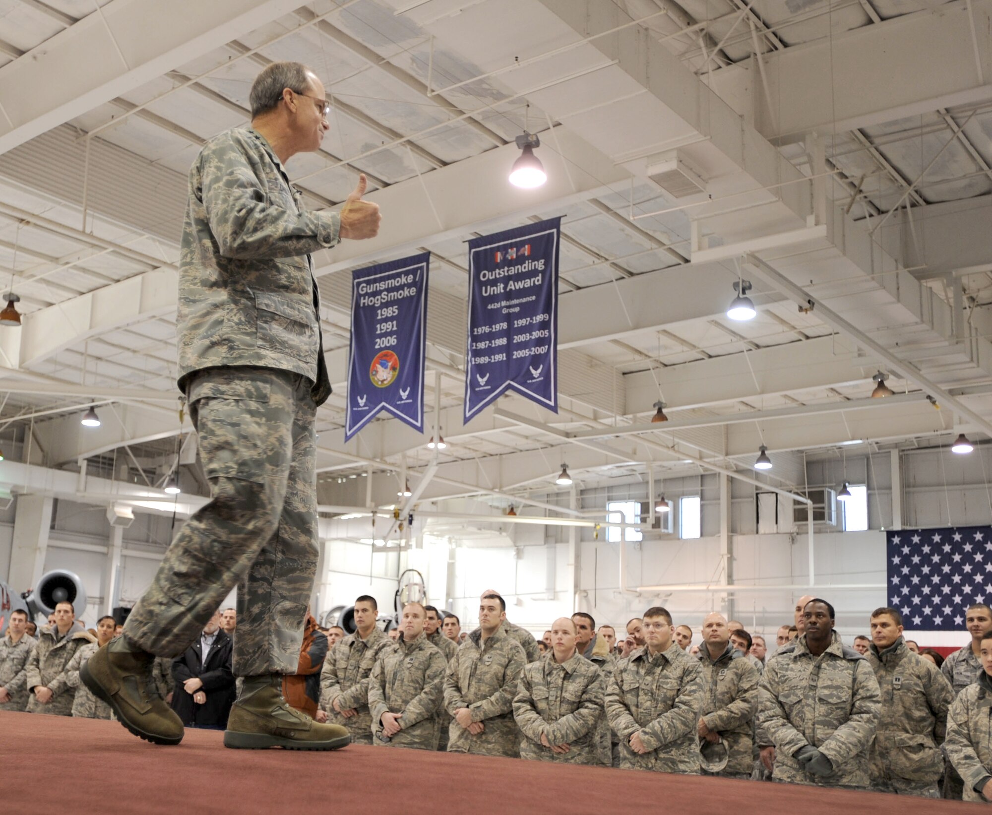 Gen. Kevin P. Chilton speaks Dec. 1, 2010, during a commander's call at Whiteman Air Force Base, Mo. General Chilton's speech focused on the importance of Air Force Global Strike Command and nuclear deterrence. General Chilton is the U.S. Strategic Command commander. (U.S. Air Force photo/Senior Airman Carlin Leslie) 