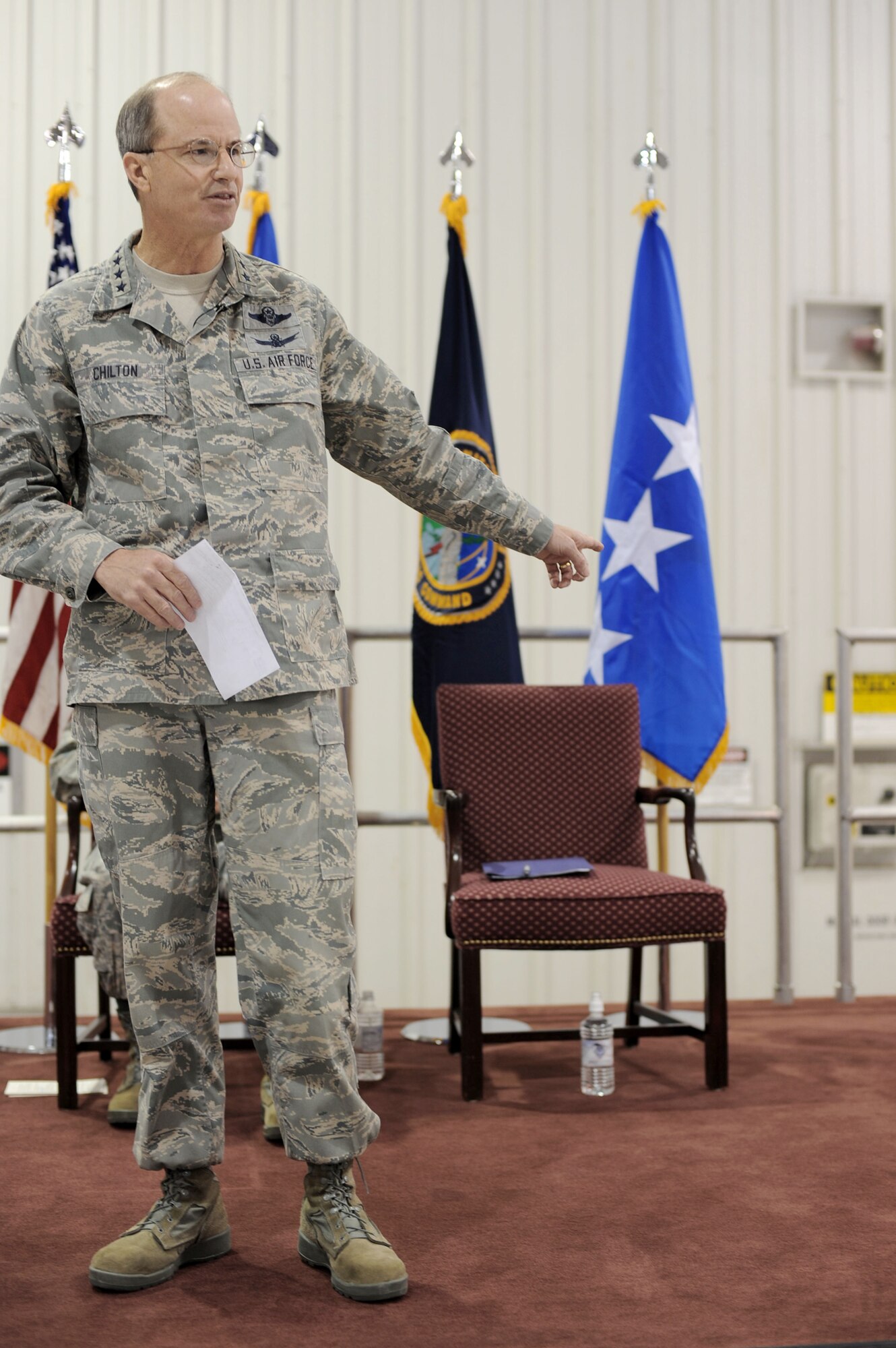 Gen. Kevin P. Chilton speaks Dec. 1, 2010, during a commander's call at Whiteman Air Force Base, Mo. General Chilton's speech focused on the importance of Air Force Global Strike Command and nuclear deterrence. General Chilton is the U.S. Strategic Command commander. (U.S. Air Force photo/Senior Airman Carlin Leslie)