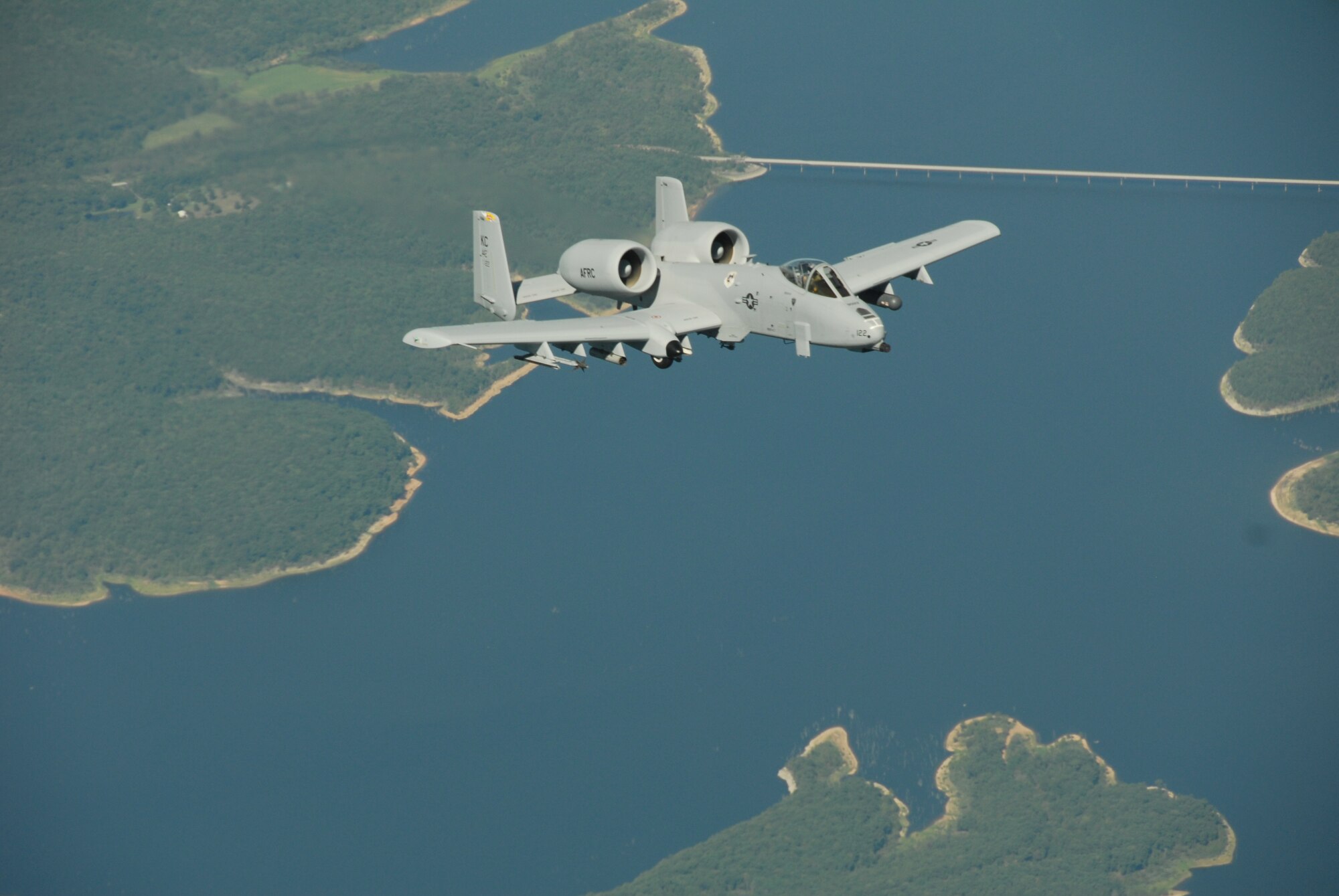 An A-10 Thunderbolt II flies over Lake of the Ozarks during a refueling mission in September. The A-10s belong to the 442nd Fighter Wing, an Air Force Reserve unit at Whiteman Air Force Base, Mo. (U.S. Air Force photo/Staff Sgt. Danielle Wolf)