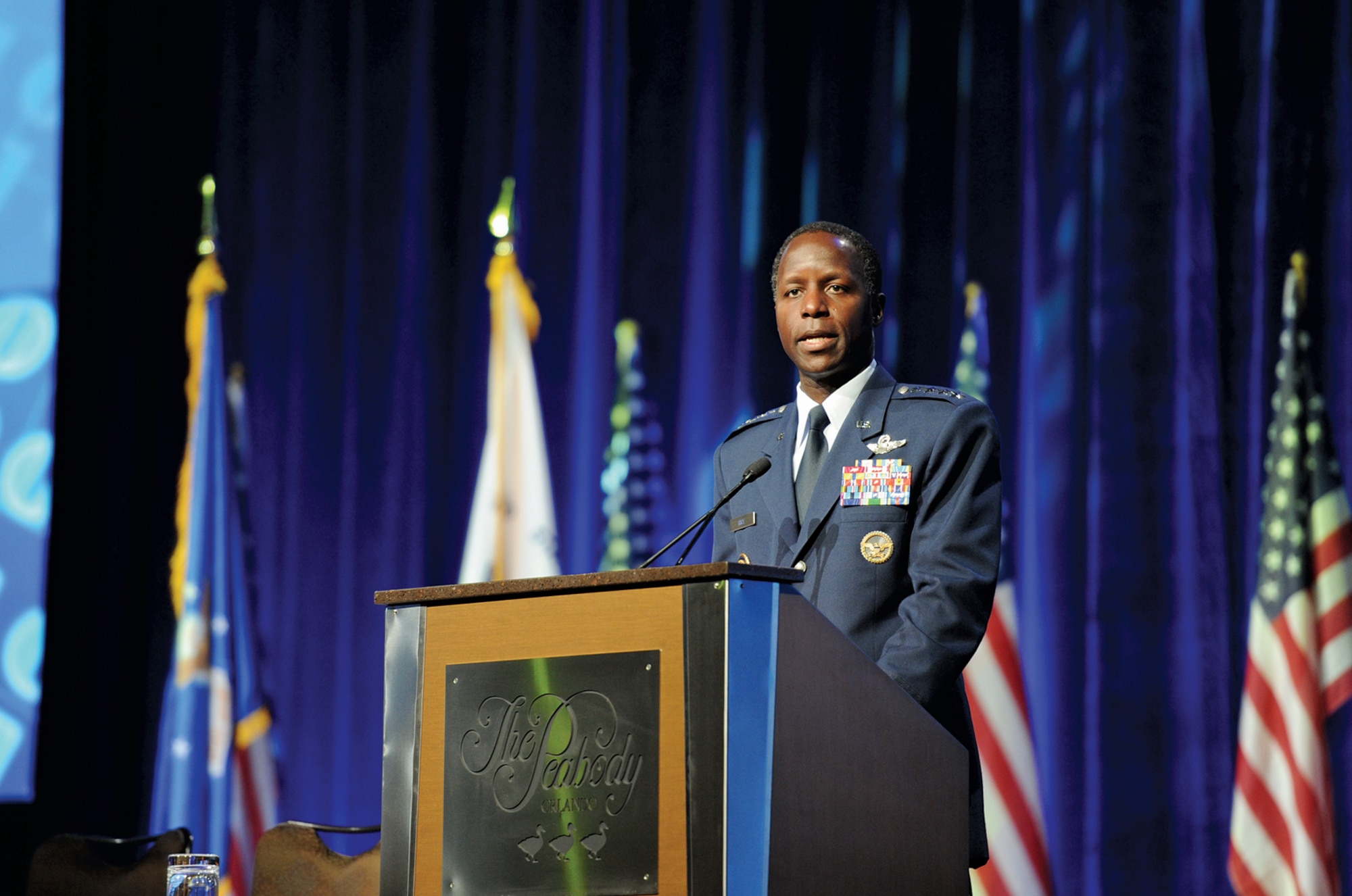 Gen. Edward A Rice Jr. delivers the service keynote at the annual Interservice/Industry Training Simulation and Education Conference Nov. 30, 2010, in Orlando, Fla. The I/ITSEC is the world's largest modeling and simulation event, attracting thousands of government, industry and academic leaders from the U.S. and dozens of countries across the globe. General Rice is commander of Air Education & Training Command. (Photo courtesy NTSA)