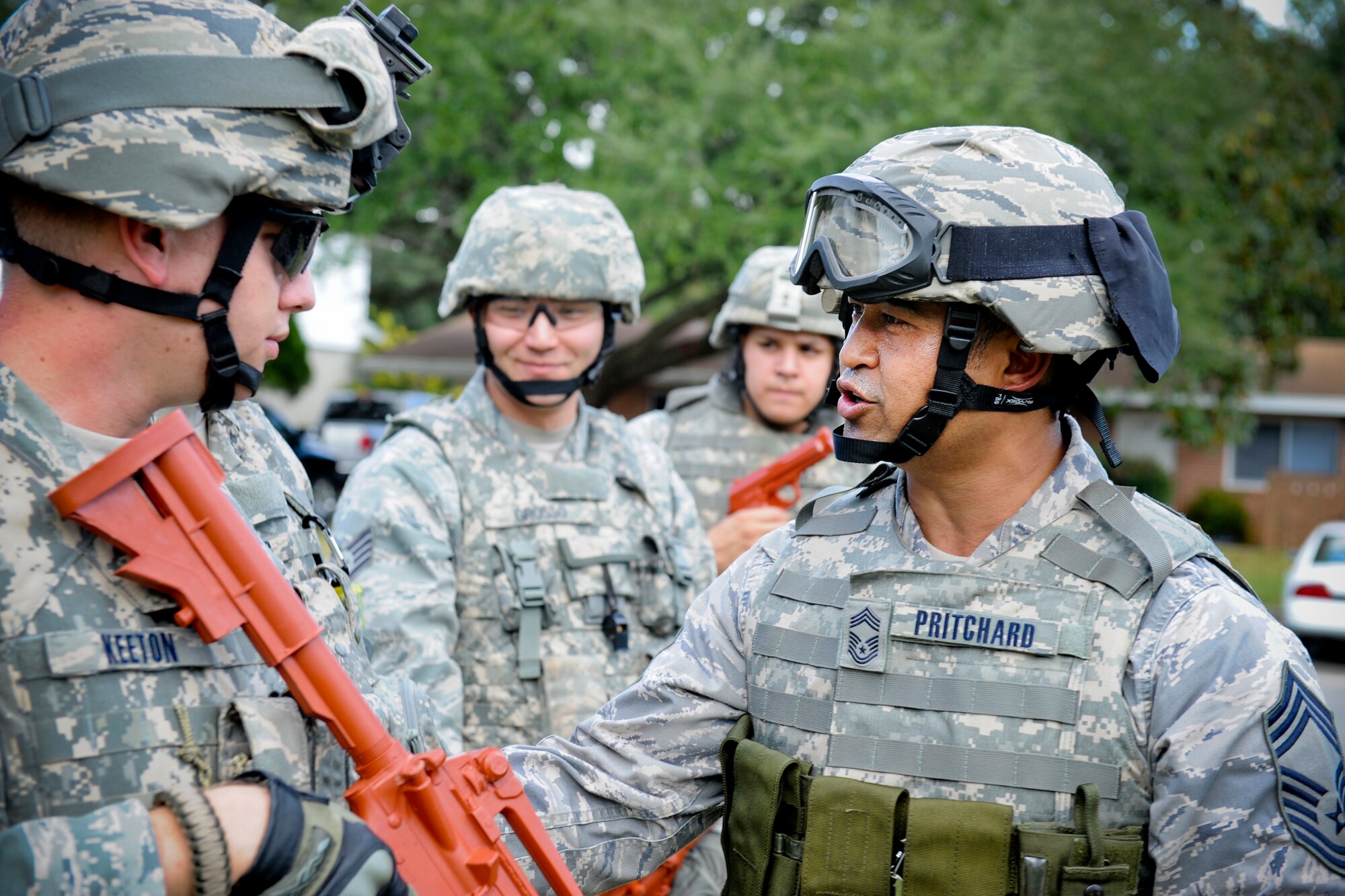 MOODY AIR FORCE BASE, Ga. -- Chief Master Sgt. Joseph Pritchard, 23rd Security Forces Squadron security forces manager, instructs fellow squadron members during active shooter training Oct. 28. Chief Pritchard enjoys teaching younger Airmen and believes it is his way of giving back to the career field. (U.S. Air Force photo/Senior Airman Jamal D. Sutter)(RELEASED)