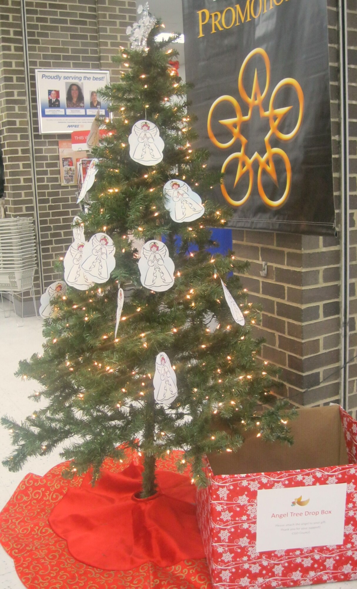 SEYMOUR JOHNSON AIR FORCE BASE, N.C. – Parents struggling to make ends meet this holiday season can register their children in the Angel Tree Program through their unit first sergeant through Dec. 8. Children registered in the program will have an angel placed on a Christmas tree, located in the base exchange entrance, containing their age, size and Christmas wish list. Those who wish to brighten someone else’s Christmas have until Dec. 17 to place their unwrapped gifts with the child’s angel tapes on it in a box at the base of the Angel Tree. (U.S. Air Force photo/by Tech. Sgt. Tammie Moore)
