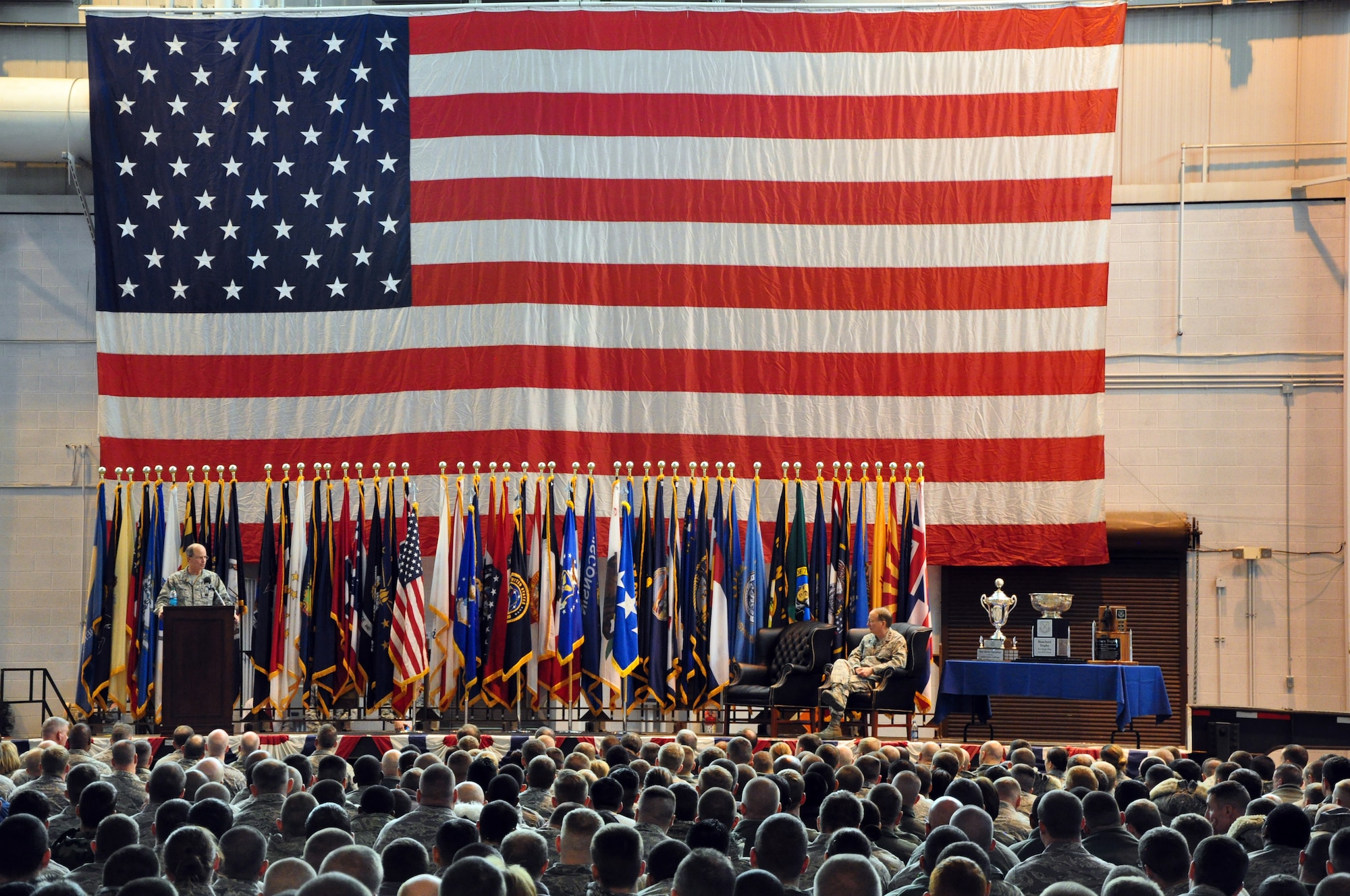 General Kevin P. Chilton, commander, United States Strategic Command, speaks to the Mighty Ninety on Nov. 30 during his all-call held here in building 1501 as Lt. Gen. Frank G. Klotz, commander, Air Force Global Strike Command, listens on. (U.S. Air Force photo by Staff Sgt. Chad Thompson)