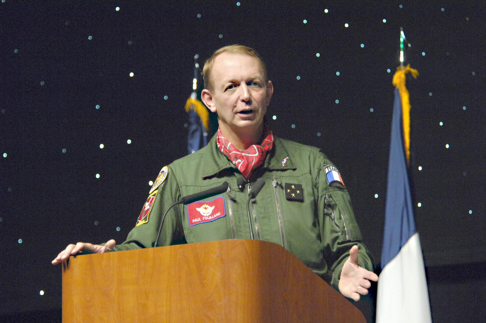 French Lt. Gen. Paul Fouilland explains the French nuclear deterrence mission at the Air Force Global Strike Command Technology and Innovation Symposium Nov. 17, 2010, at the Shreveport Convention Center in Shreveport, La. During the visit to AFGSC, General Fouilland and a delegation of French military officers also toured a B-2 Spirit and a B-52 Stratofortress, met with weapons system experts, and attended Global Strike Challenge activities. General Fouilland is the French Strategic Air Forces commander-in-chief. (U.S. Air Force photo/Master Sgt. Corey A. Clements) 
