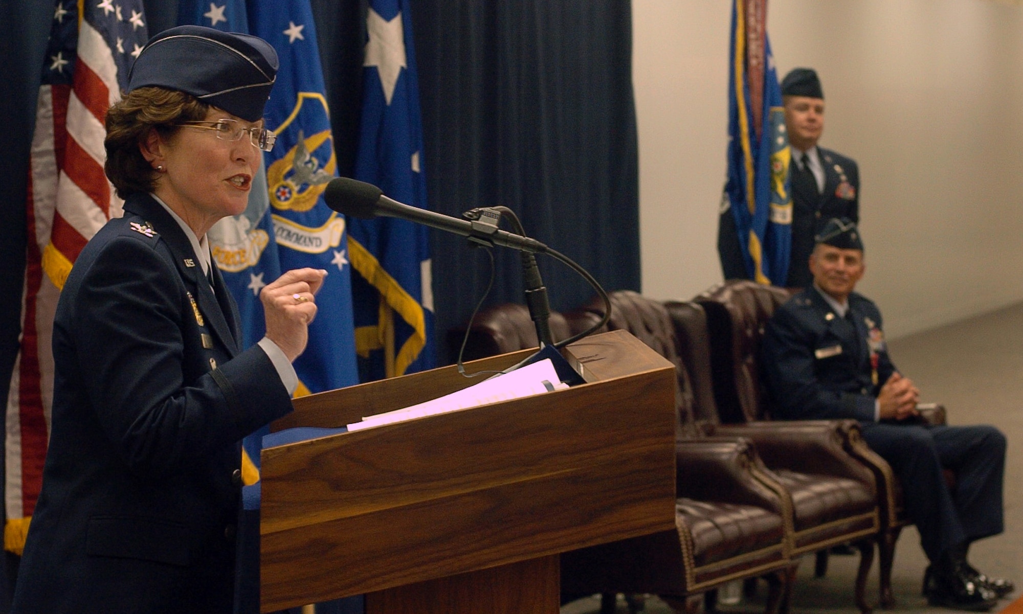Col. Patricia Blassie adresses the Air Reserve Personnel Center after assuming command of the center Nov. 29, 2010. Observing is Brig. Gen. Kevin Pottinger, the former center commander, who will serve as the mobilization assistant to the Assistant Secretary of the Air Force for Manpower and Reserve Affairs at the Pentagon. Colonel Blassie served as the executive officer to the Chief of Air Force Reserve, Robins Air Force Base, Ga., before assuming command at ARPC. (U.S. Air Force photo/Greg Simmonds)