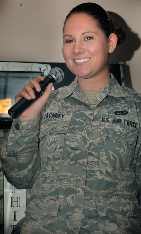 ELLSWORTH AIR FORCE BASE, S.D. -- Airman 1st Class Lindsay Zachrey, 28th Logistics Readiness Squadron vehicle operations technician, gets ready to sing "I Dreamed a Dream" from the musical: Les Miserables, during an interview, Nov. 30.  Airman Zachrey is scheduled to leave on Sunday for her final audition with Tops in Blue in San Antonio Texas. (U.S. Air Force photo/Senior Airman Anthony Sanchelli) 