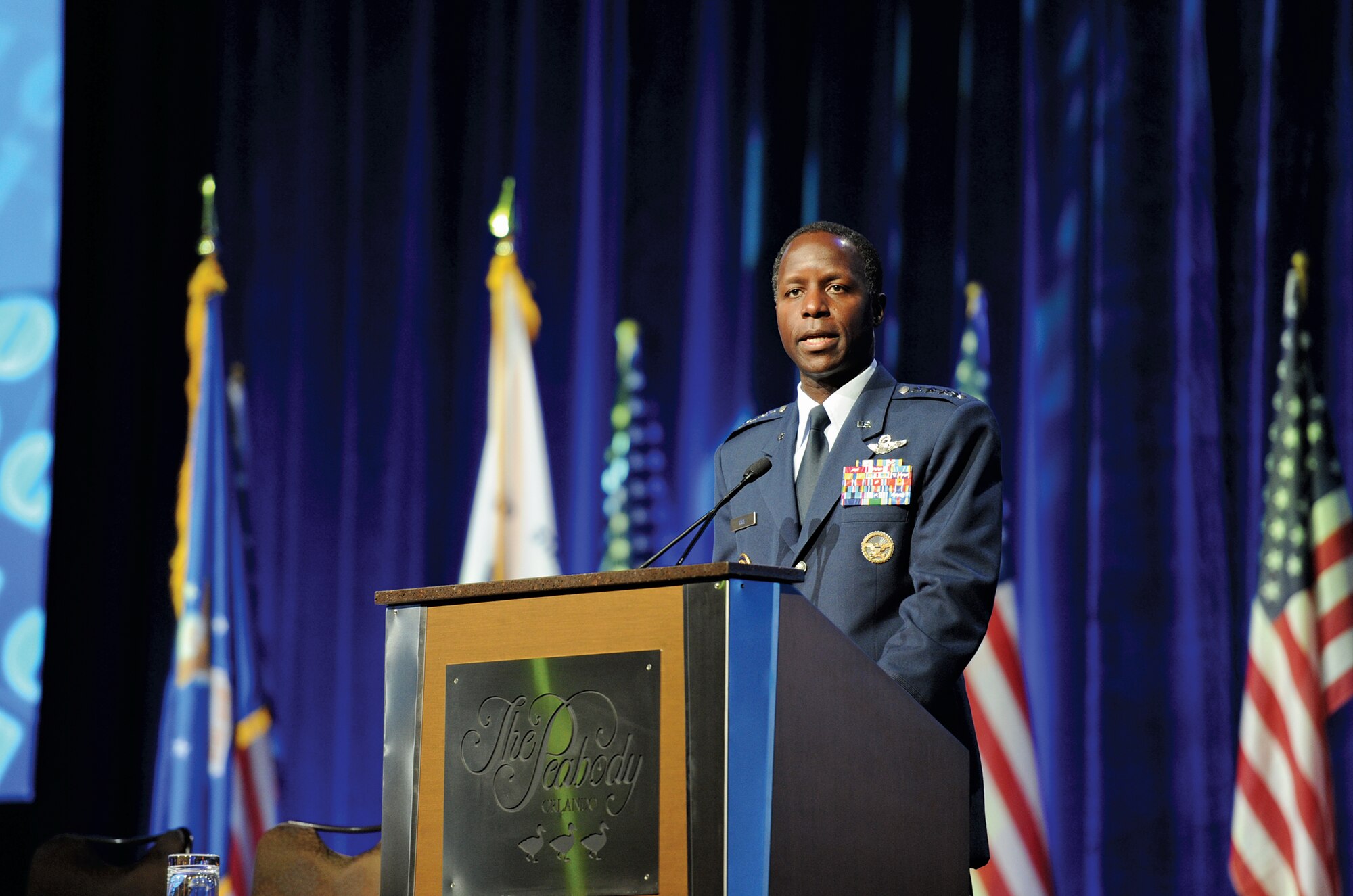 Gen. Edward A Rice, Jr. delivers the service keynote at the Interservice/Industry Training Simulation and Education Conference Nov. 30, 2010 in Orlando, Fla. Held annually, I/ITSEC is the world's largest modeling & simulation event, attracting thousands of government, industry and academic leaders from the U.S. and dozens of countries across the globe. General Rice is commander of Air Education & Training Command at Randolph Air Force Base, Texas. (Photo courtesy NTSA)