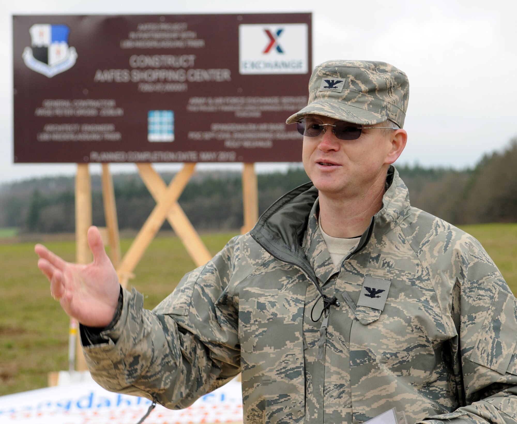 SPANGDAHLEM AIR BASE, Germany – Col. Christopher Weggeman, 52nd Fighter Wing commander, thanks distinguished guests from the local community during a ground-breaking ceremony at the site of the new Base Exchange Nov. 23. The ceremony marked the construction of a $24 million project, which is scheduled for completion in the summer of 2012. (U.S. Air Force photo/Staff Sgt. Benjamin Wilson)