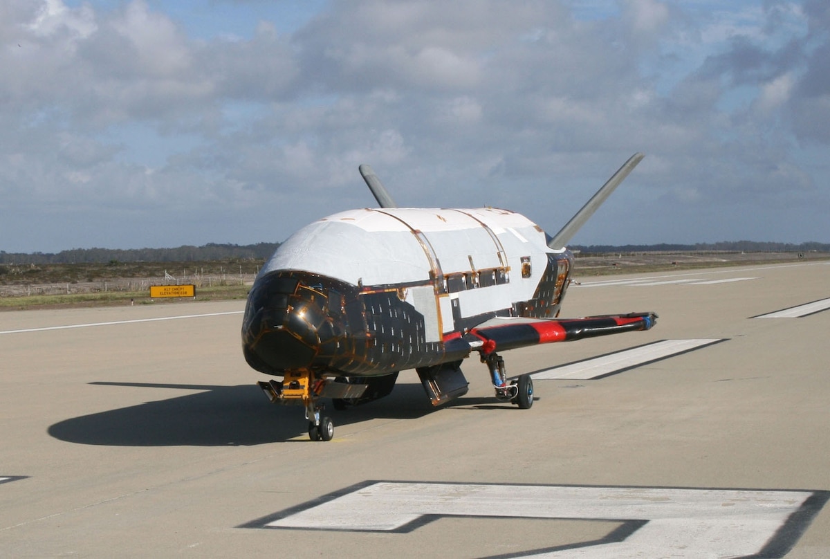 In a testing procedure, the X-37B Orbital Test Vehicle taxis on the flightline in June 2009 at Vandenberg AFB, Calif. (Courtesy photo)