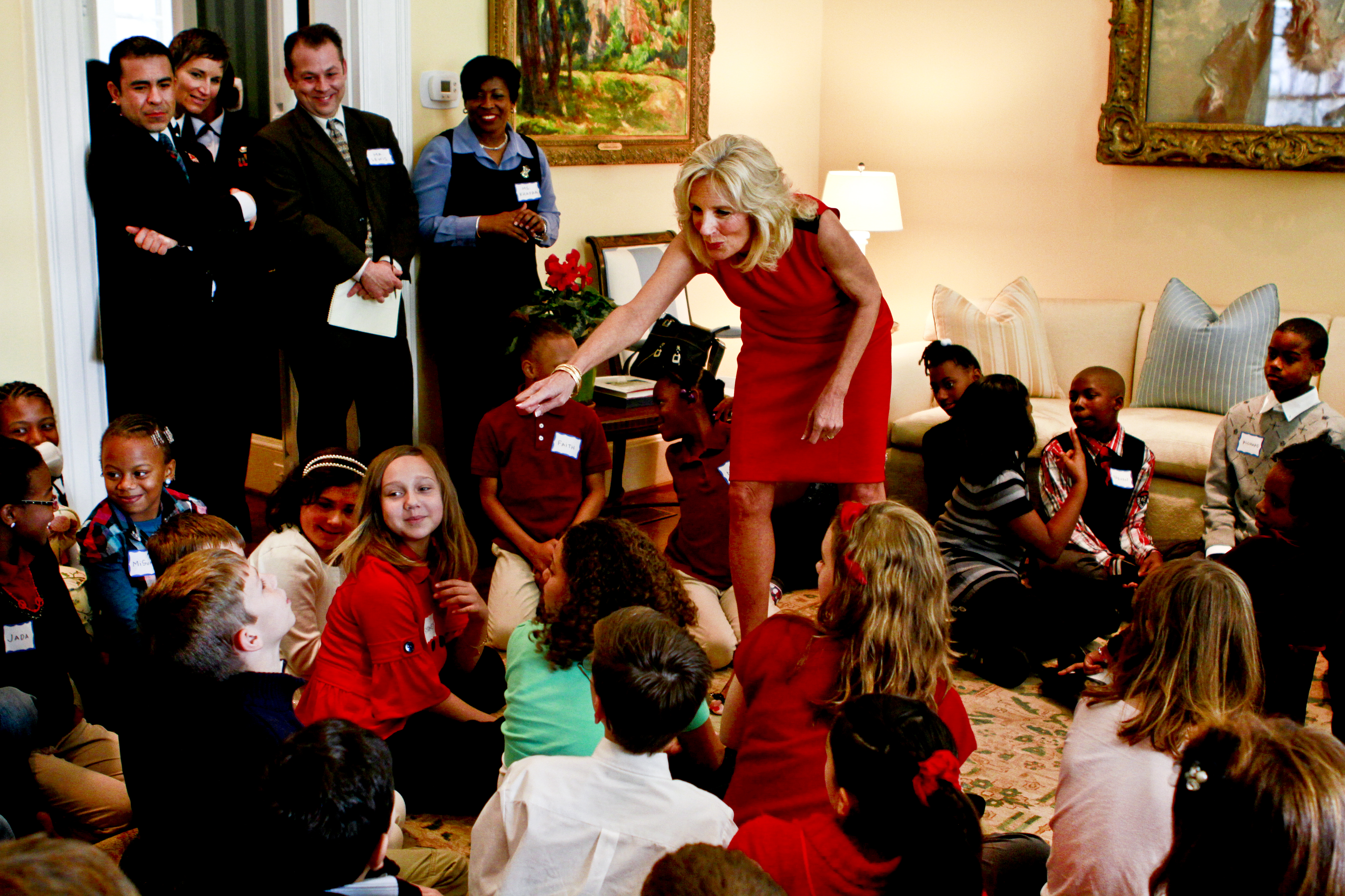 Dr Jill Biden Wife Of Vice President Joe Biden Helps Children Form Three Groups During A
