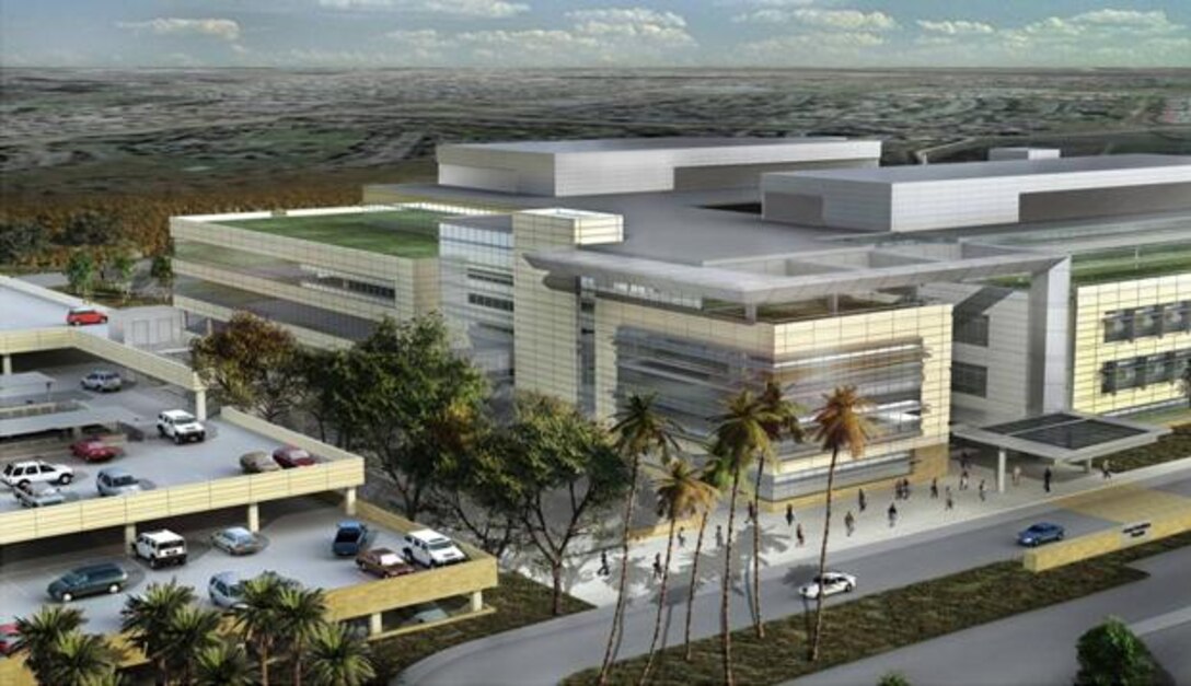 An artist’s rendition of the Northwest aerial view of the new replacement Naval Hospital and parking garage at Marine Corps Base Camp Pendleton, Calif. The 500,000 square foot, multi-level facility is a $394 million Recovery Act funded contract awarded to Clark/McCarthy, a Joint Venture by Naval Facilities Engineering Command Southwest.  The ground breaking took place Dec. 2, 2010 and is scheduled to be completed in 2014.