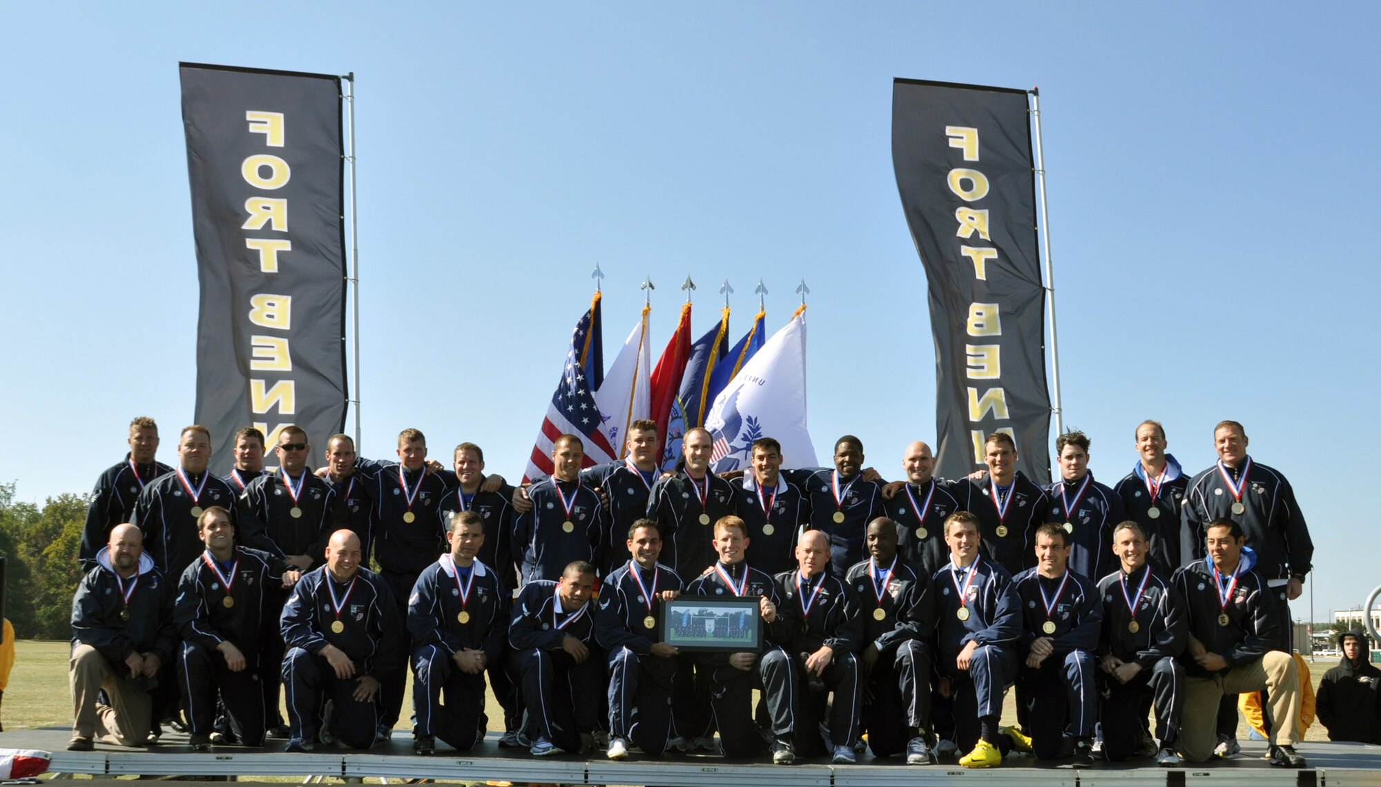 The Air Force rugby team wears their medals after they emerged as champions of the 2010 Armed Forces Rugby Championship tournament, held in Ft. Benning, Ga. (Courtesy photo)