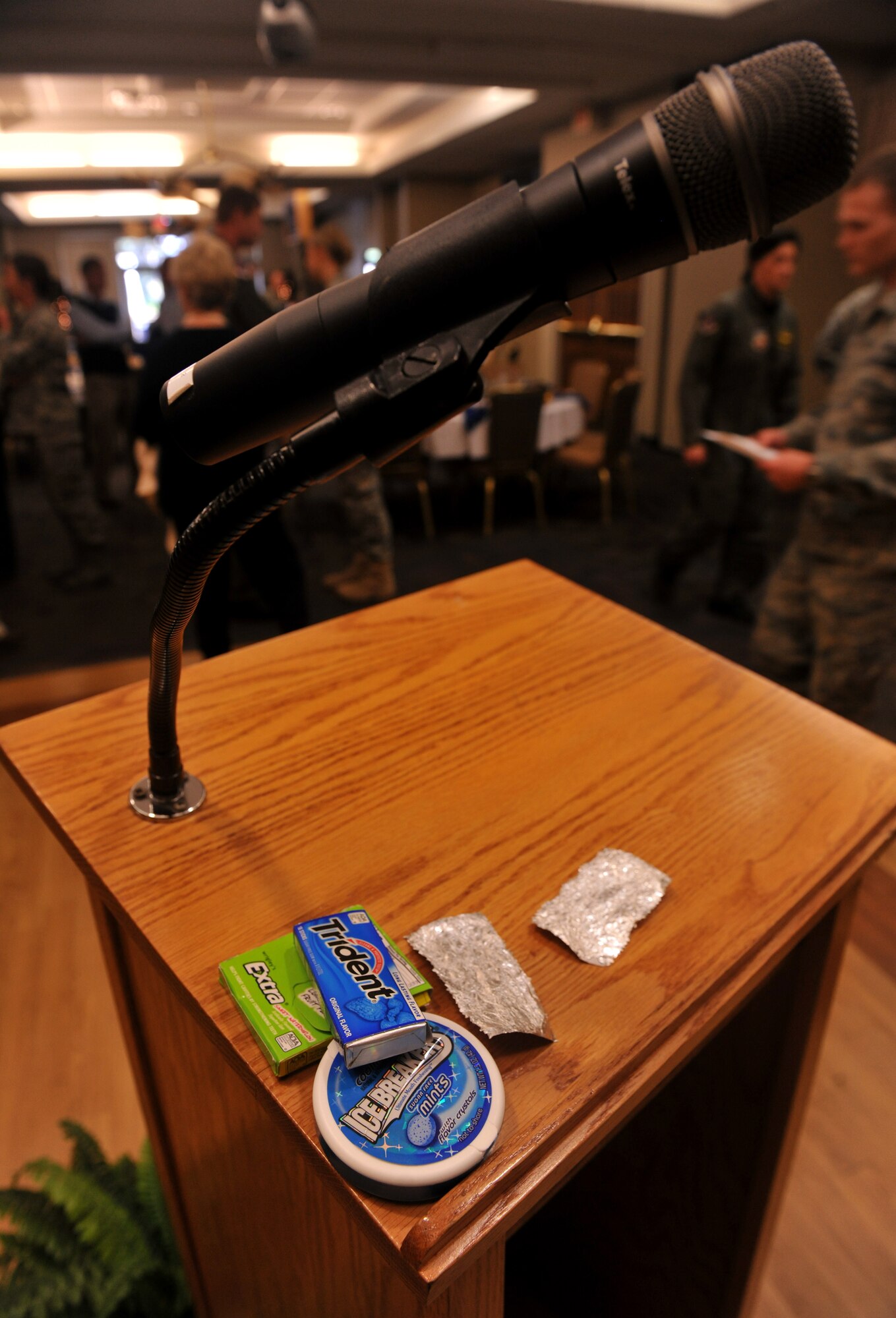 MOODY AIR FORCE BASE, Ga.-- Packs of gum lay on the podium after Chief Master Sgt. Richard Parsons, 23rd Wing command chief’s, going away luncheon Dec. 3. Chief Parsons mentioned during the luncheon that the gum would help him from getting emotional and prevent him from shedding tears. (U.S. Air Force photo/Airman 1st Class Joshua Green)(RELEASED)

