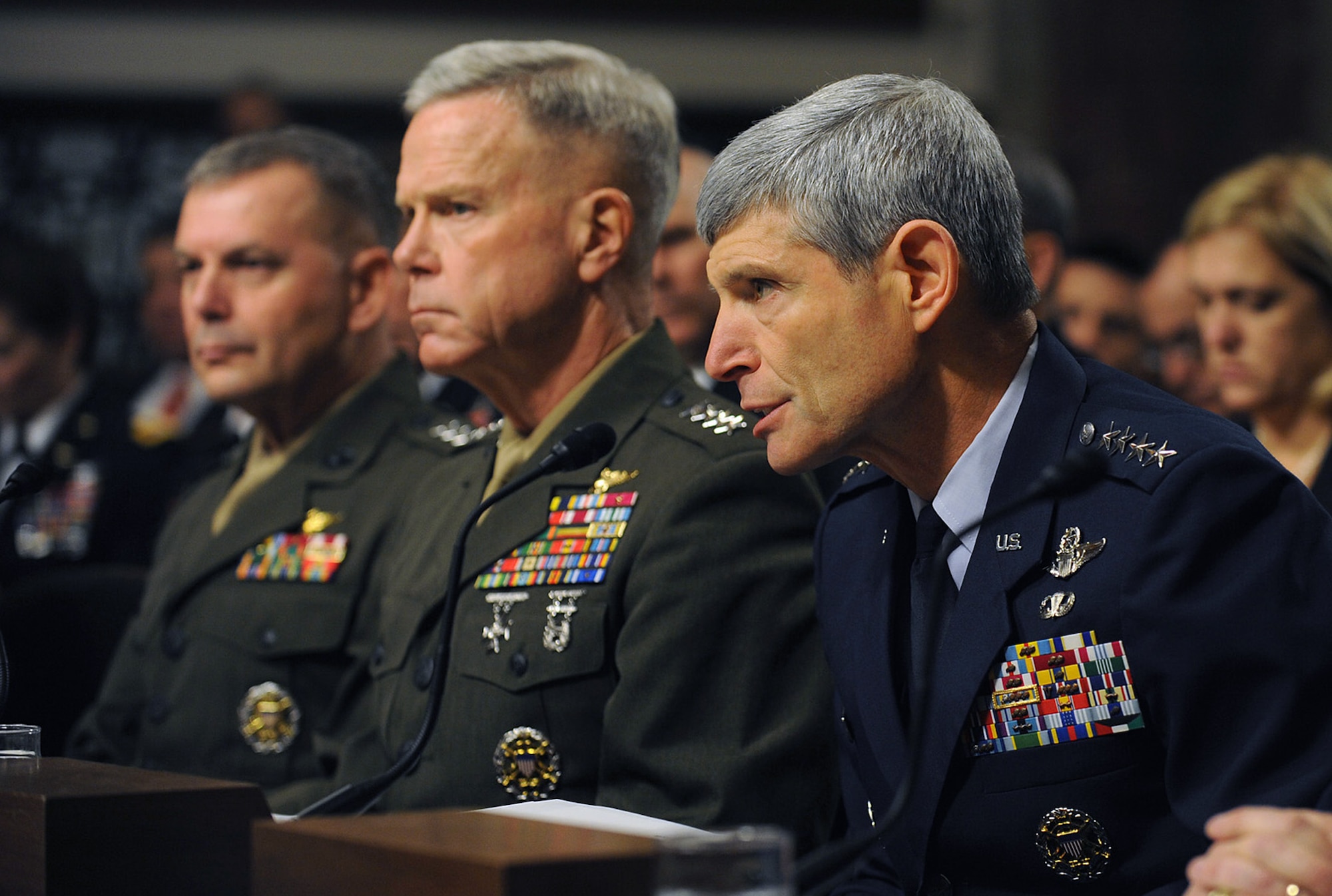 Air Force Chief of Staff Gen. Norton Schwartz testifies before the Senate Armed Services Committee Dec. 3, 2010, in Washington, D.C. General Schwartz, his fellow service chiefs and the vice chairman of the Joint Chiefs of Staff testified on the recently released Comprehensive Review Working Group report, which addresses the potential repeal of the "Don't Ask, Don't Tell" law. (U.S. Air Force photo/Scott M. Ash)
