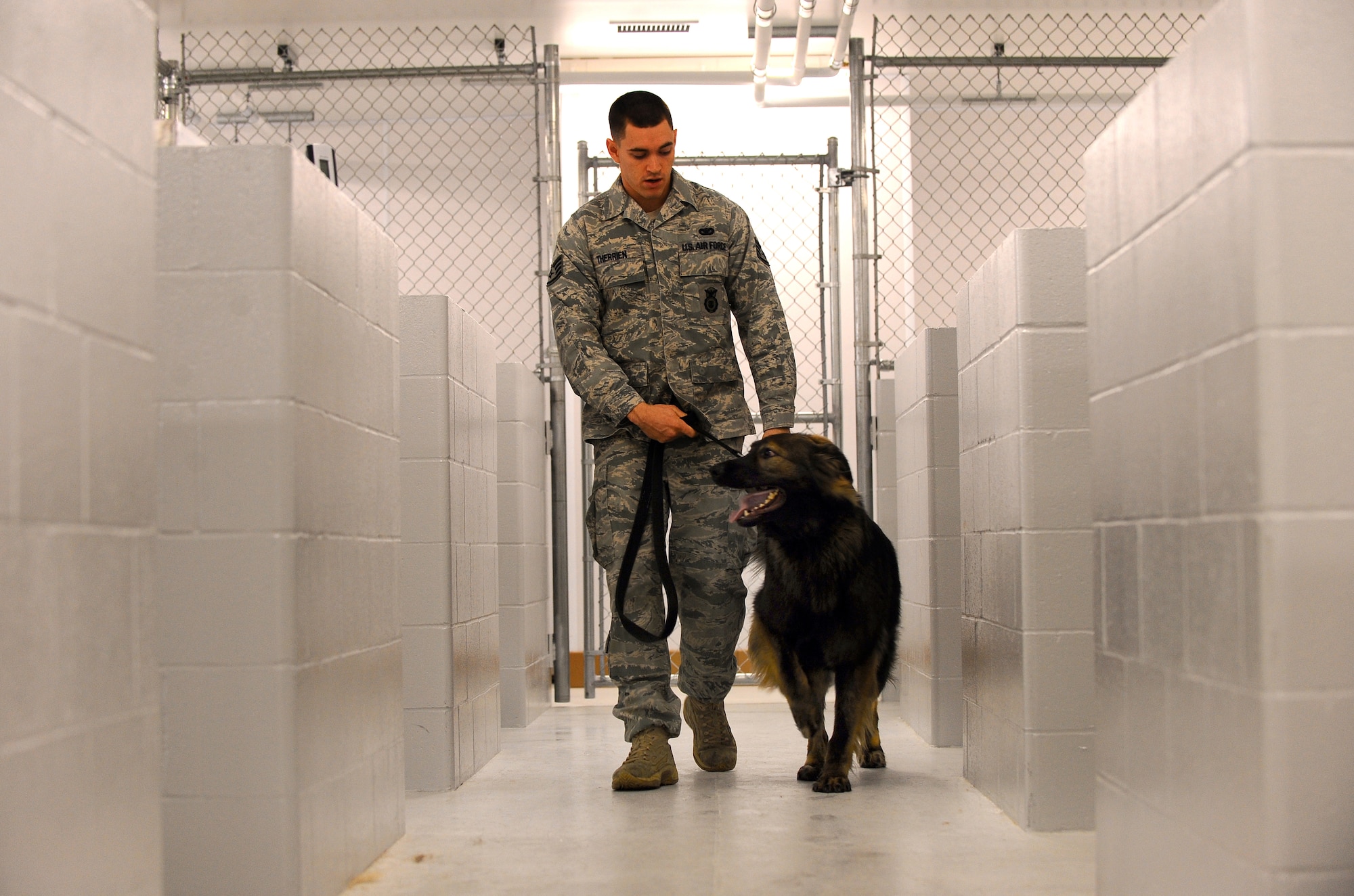 OFFUTT AIR FORCE BASE, Neb. - Staff Sgt. Joel Therrien, a military working dog handler with the 55th Security Forces Squadron, walks his dog and partner Dasty, an 80-pound Belgian Tervuren, from to his kennel to get his monthly bath and ear treatments. Regular cleanings of the dogs and their kennels keep the dogs healthy and mission ready. U.S. Air Force Photo by Josh Plueger (Released)