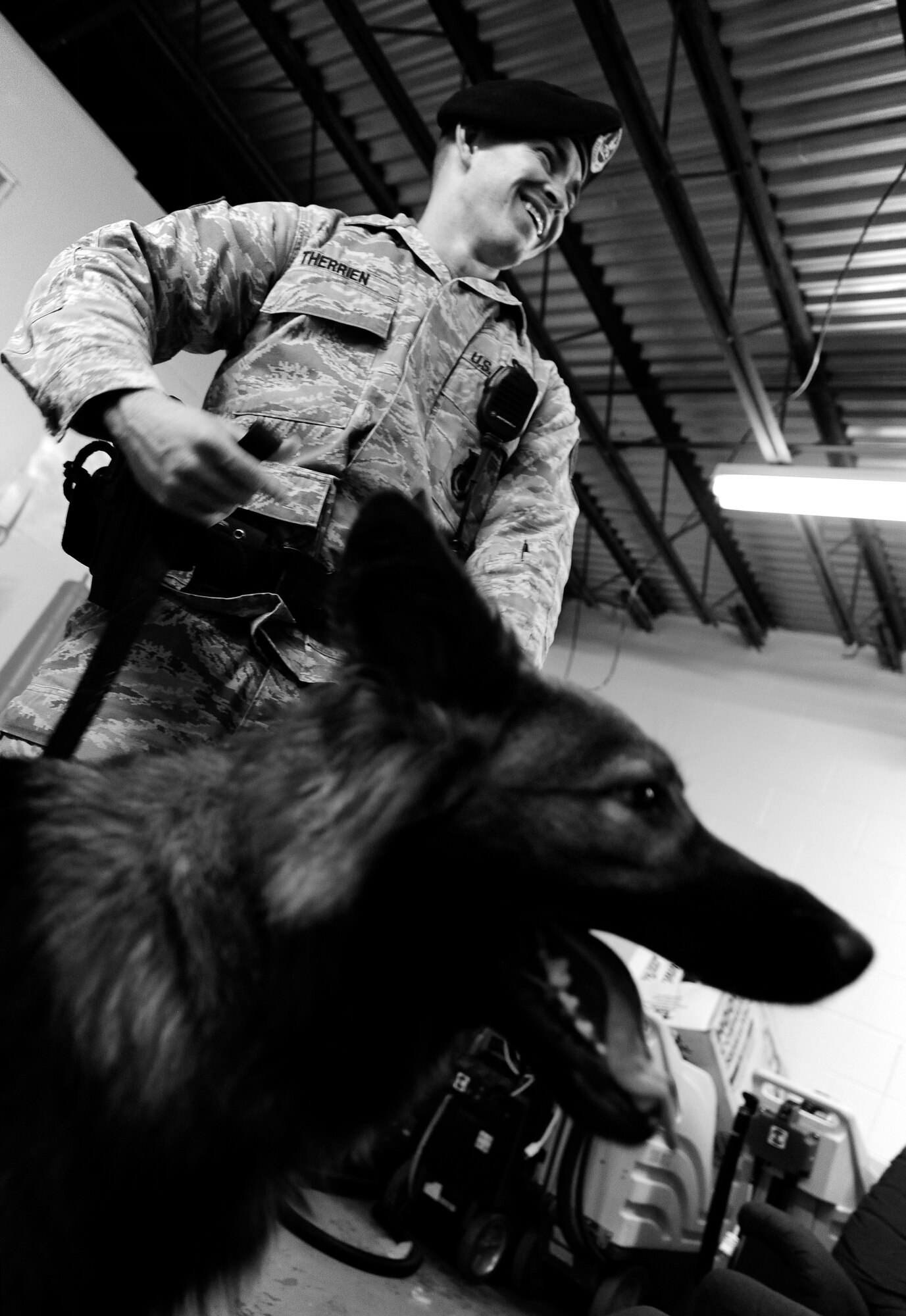 OFFUTT AIR FORCE BASE, Neb. - Staff Sgt. Joel Therrien, a military working dog handler with the 55th Security Forces Squadron, with Military Working Dog Dasty, a Belgian Tervuren , talk with other MWD handlers after a routine explosives and narcotics searching exercise Dec. 1. Dasty is certified by trainers from Lackland AFB to sniff out explosives.  Military working dog teams have led explosive searches for such recent distinguished visitors as the Secretary of Defense, Vice President, First Lady and countless other base visitors and public events. U.S. Air Force Photo by Josh Plueger (Released)