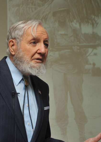 Leon D. Smith gives a presentation Nov. 19 at Kirtland AFB to Airmen of the 898th Munitions Squadron about his experiences in the Army during World War II. U.S. Air Force Photo by Todd Berenger.