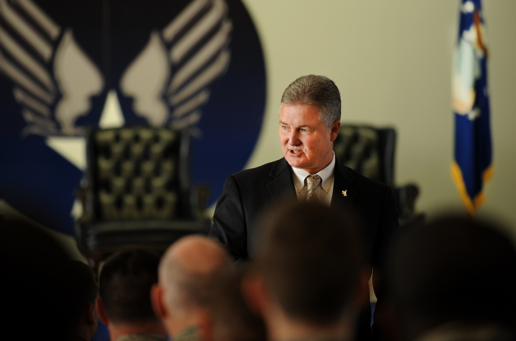 MOODY AIR FORCE BASE, Ga. -- Retired Chief Master Sgt. of the Air Force Gerald Murray speaks to Moody members about the Air Force priorities at the 41st Helicopter Maintenance Unit hangar Dec. 2. During his speech, Chief Murray emphasized the importance of individual career development. (U.S. Air Force photo/Airman 1st Class Douglas Ellis)(RELEASED)