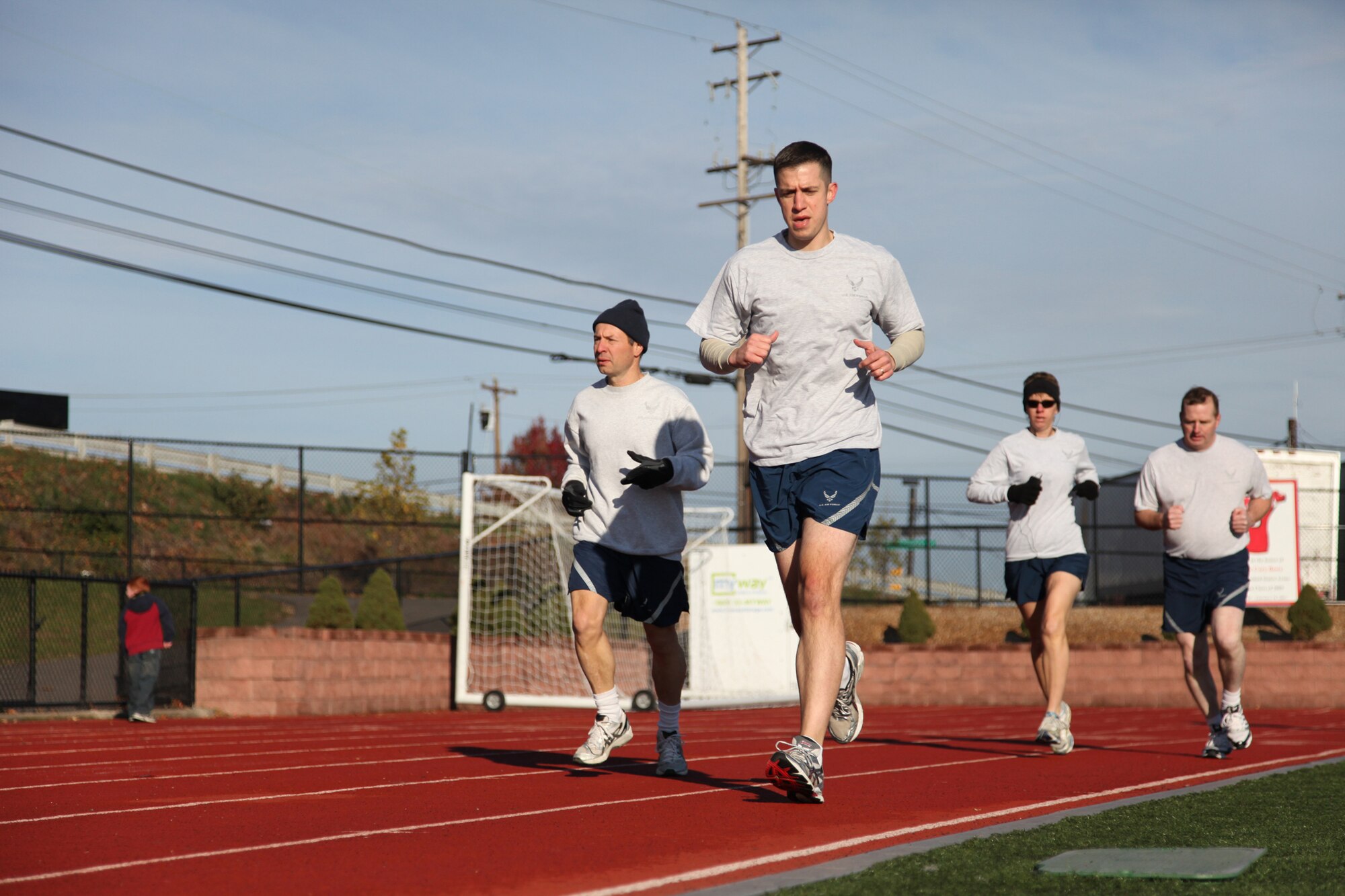 Members of the 911th Airlift Wing perform the 1.5 mile run segment of the new Air Force Fitness Program which began in early 2010. Under the new guidelines members will take the test every six months.