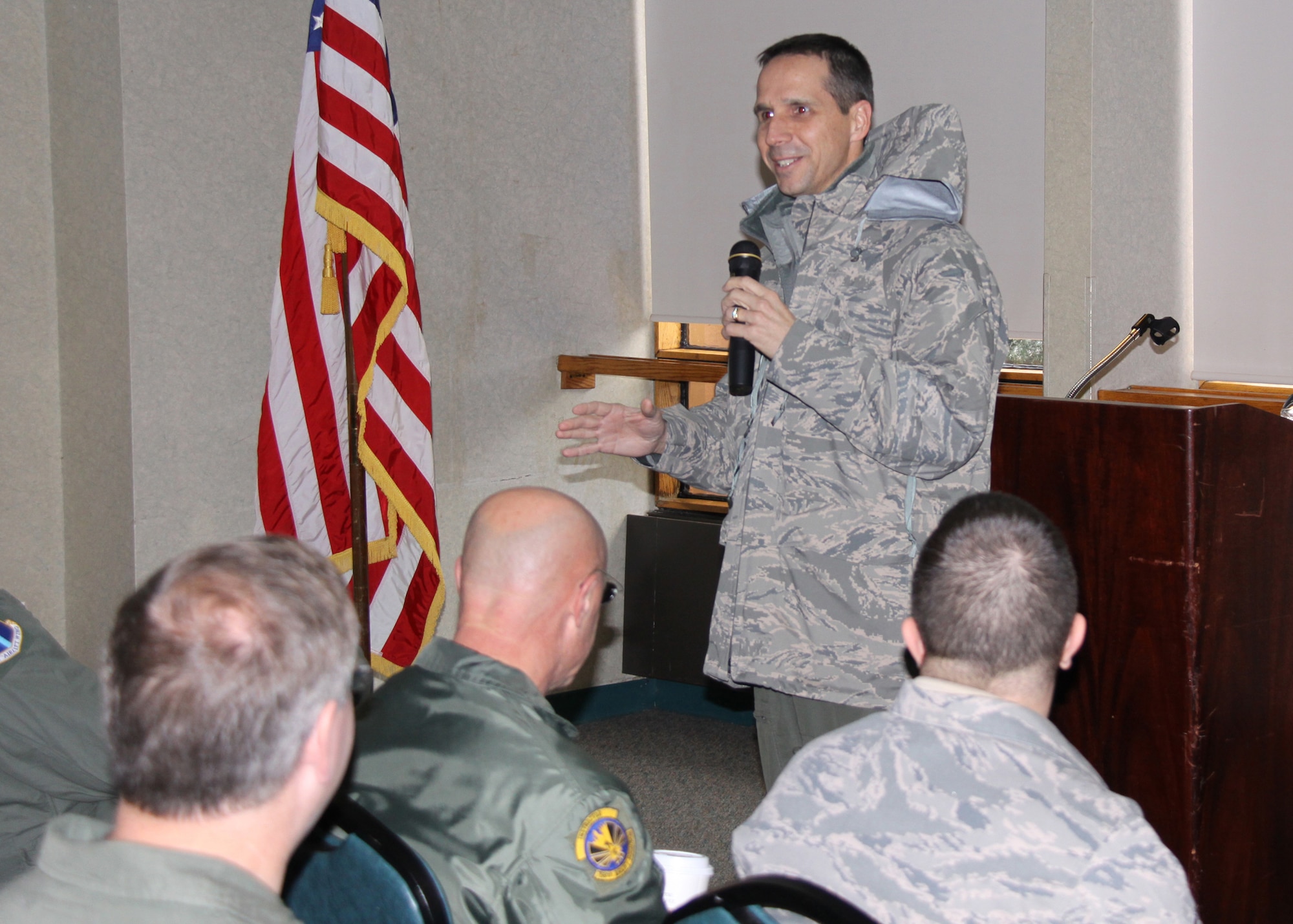 Col. Jeffrey T. Pennington holds his first Civilian Commander's Call since taking command of the 911th Airlift Wing, Oct. 3, 2010.  Items discussed included holiday safety, expectations for the upcoming compliance inspection, zero tolerance for sexual assault, civilian personnel matters, as well as the wing's transition from a printed base newsletter to Facebook.
