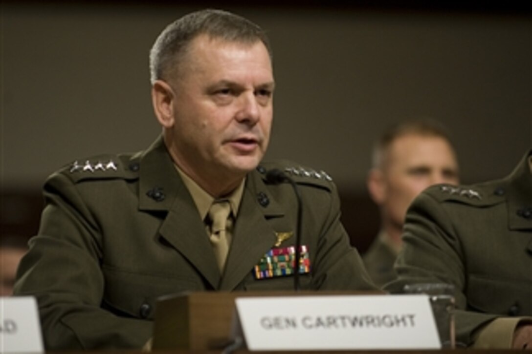 Vice Chairman of the Joint Chiefs of Staff Gen. James Cartwright testifies on Capitol Hill before the Senate Armed Services Committee's hearing on the military's "don't ask, don't tell" policy on Dec. 3, 2010.  