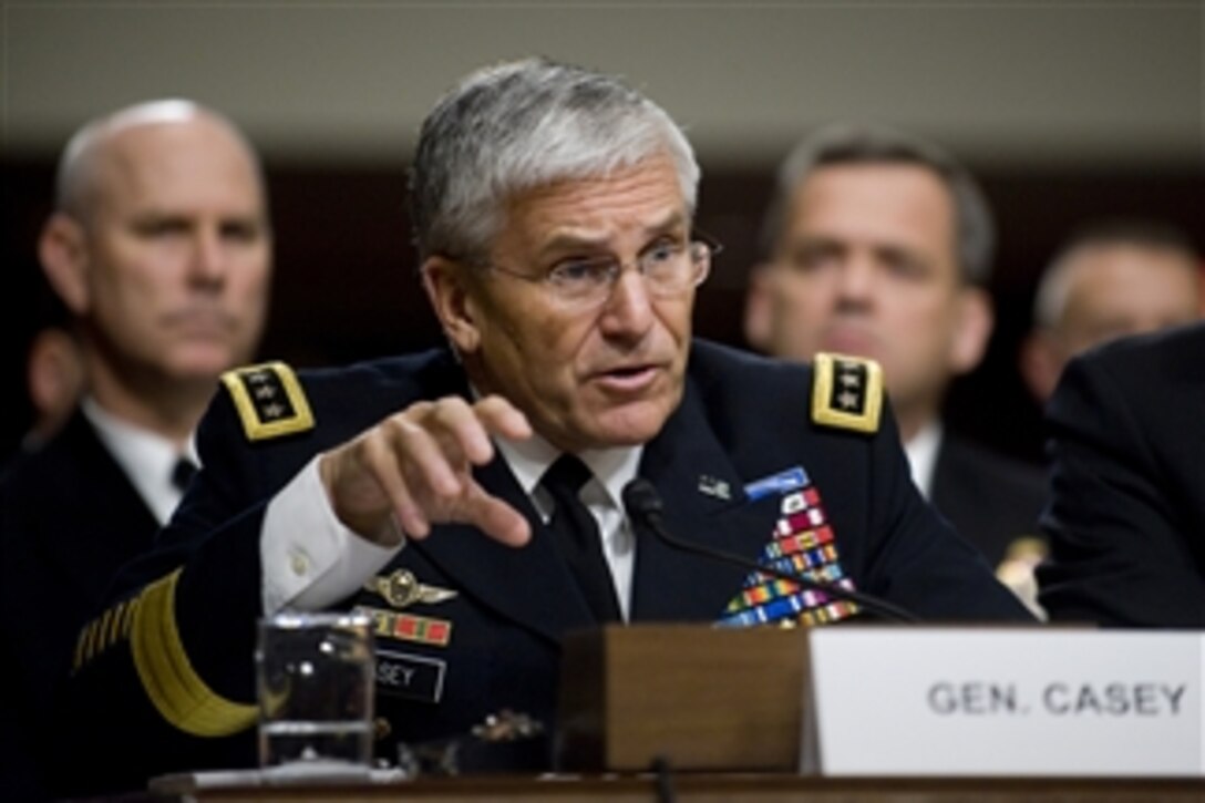 Army Chief of Staff Gen. George W. Casey Jr. testifies on Capitol Hill before the Senate Armed Services Committee's hearing on the military's "don't ask, don't tell" policy on Dec. 3, 2010.  