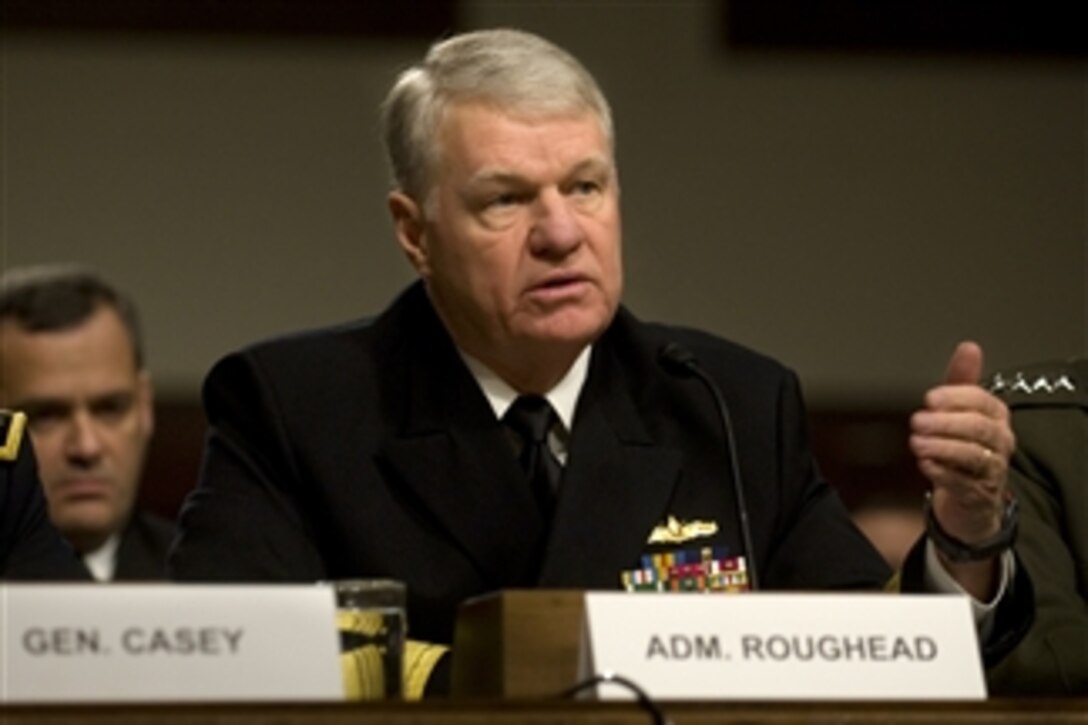 Chief of Naval Operations Adm. Gary Roughead testifies on Capitol Hill before the Senate Armed Services Committee's hearing on the military's "don't ask, don't tell" policy on Dec. 3, 2010.  