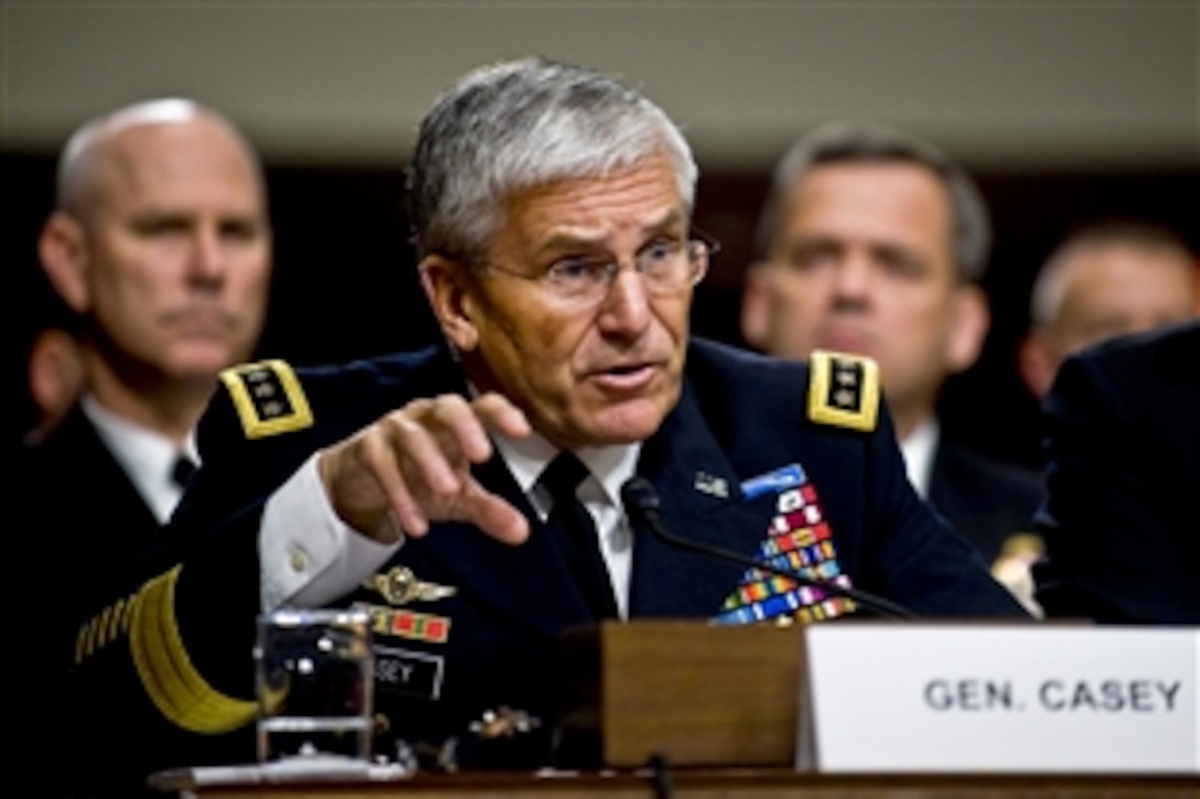 Army Chief of Staff Gen. George W. Casey Jr. testifies on the "Don't Ask, Don't Tell" policy before the Senate Armed Services Committee in Washington, D.C., Dec. 3, 2010.