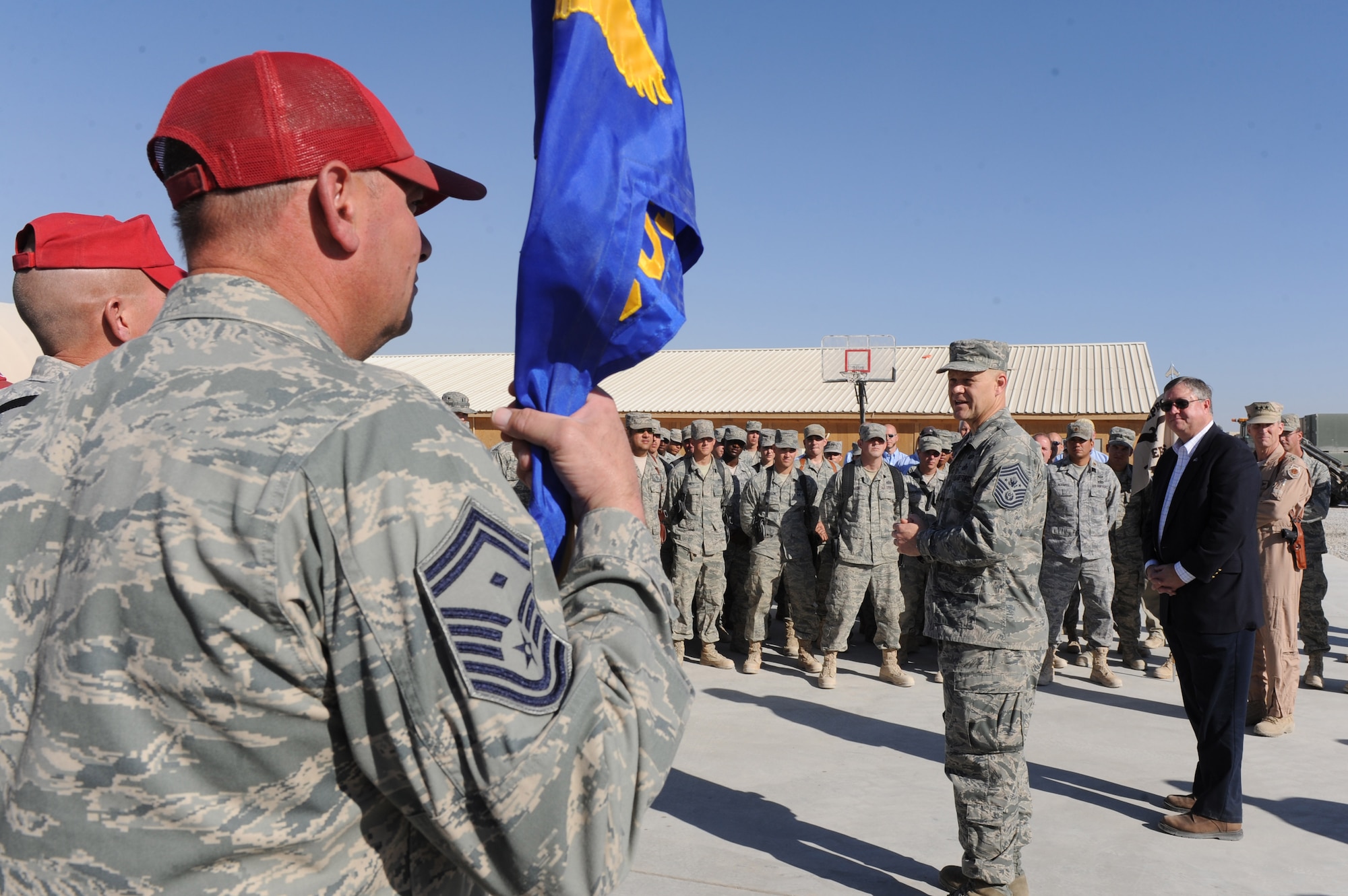 Chief Master Sgt. of the Air Force James Roy speaks to Airmen of the 809th Expeditionary REDHORSE Squadron and 777th Prime BEEF Squadron Nov. 27, 2010, at Kandahar Airfield, Afghanistan. Secretary Donley and Chief Master Sgt. of The Air Force James Roy visited numerous bases throughout southwest Asia thanking Airmen for their service through the holidays.  (U.S. Air Force photo by Tech. Sgt. Chad Chisholm/Released)