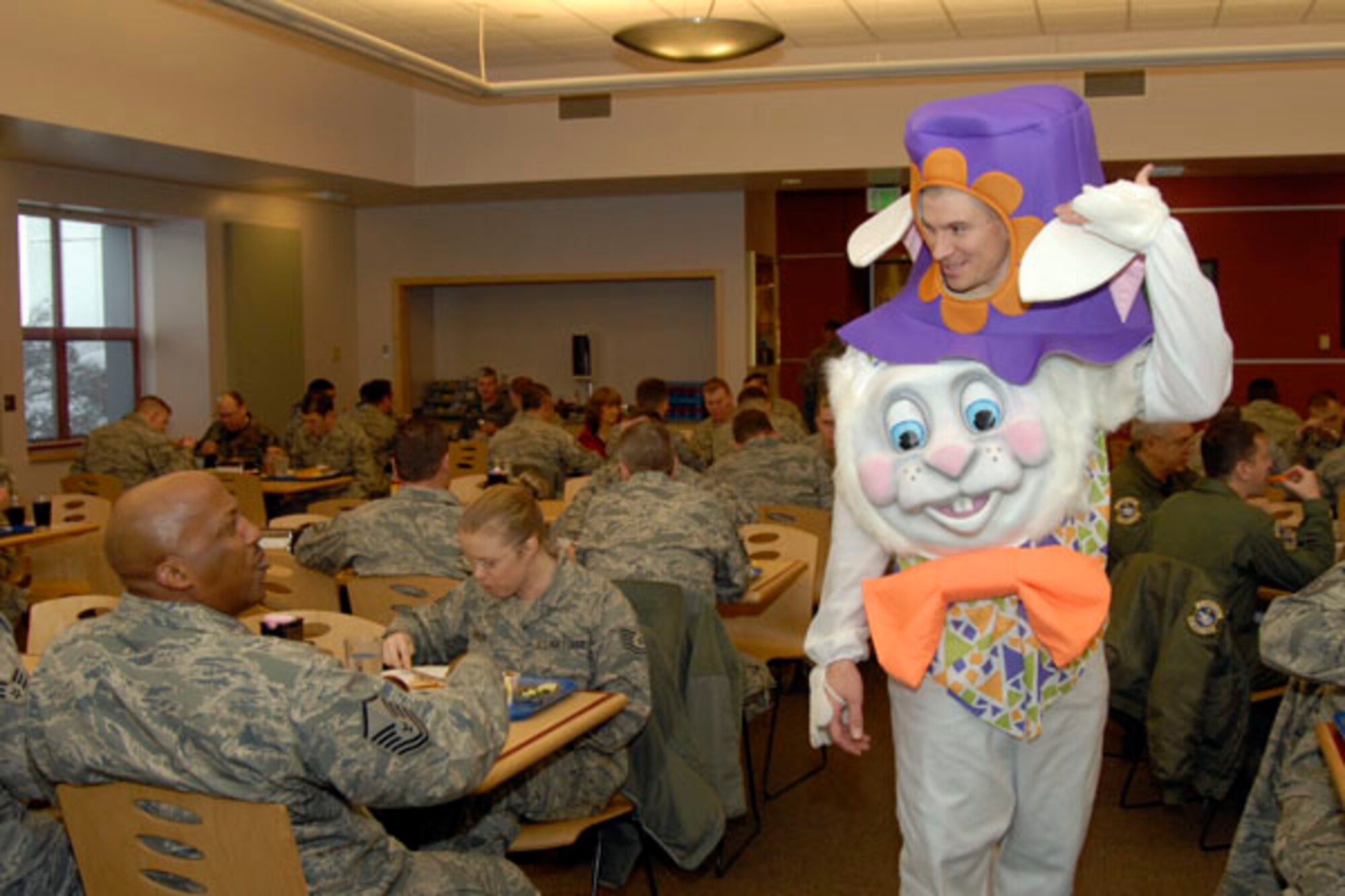 KULIS AIR NATIONAL GUARD BASE, Alaska -- Master Sgt. Ryan Voigt, the 176th Medical Group's first sergeant, wears a bunny suit in support of the "Bunny for the Day" fundraiser here Dec. 4, 2010.

The fundraiser was put on by Kulis' First Sergeant Council to raise money for holiday gift baskets. These baskets will be given to airmen and their families to help them through the holidays.

"Anything to help," Voigt said.

The fundraiser was one in a series of council-sponsored events, including a pizza luncheon, base coin sales and pocket donations.

The bunny suit fundraiser brought in about $1200, according to Master Sgt. Janet Lemmons, the 176th Civil Engineering Squadron's first sergeant and the First Sergeant Council president. 

The council raised more than $2500 for the baskets in total, Lemmons said. This will provide more than 30 airmen and families with holiday gift baskets, she said.

Lemmons said she appreciates Kulis' airmen for the donations and votes.
