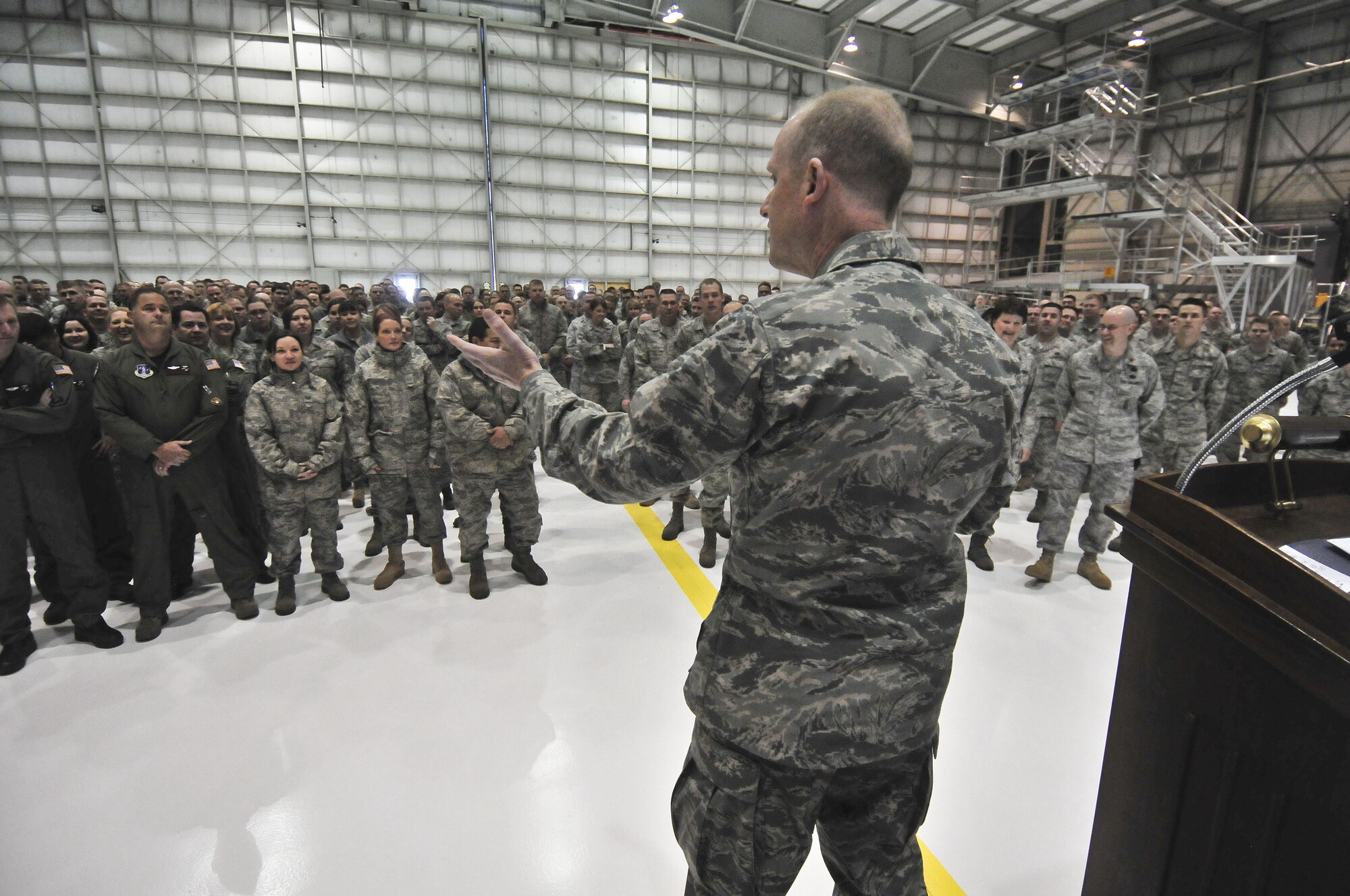 Brig. Gen. Donald P. Dunbar, Adjutant General for the State of Wisconsin, addresses the Airmen of the 128th Air Refueling Wing during a Commander’s Call Sunday, December 05, 2010.  Dunbar, the commander of Wisconsin’s National Guard, previously served as Wing Commander at the 128th. U.S. Air Force photo by Staff Sgt. Nathan T. Wallin / released