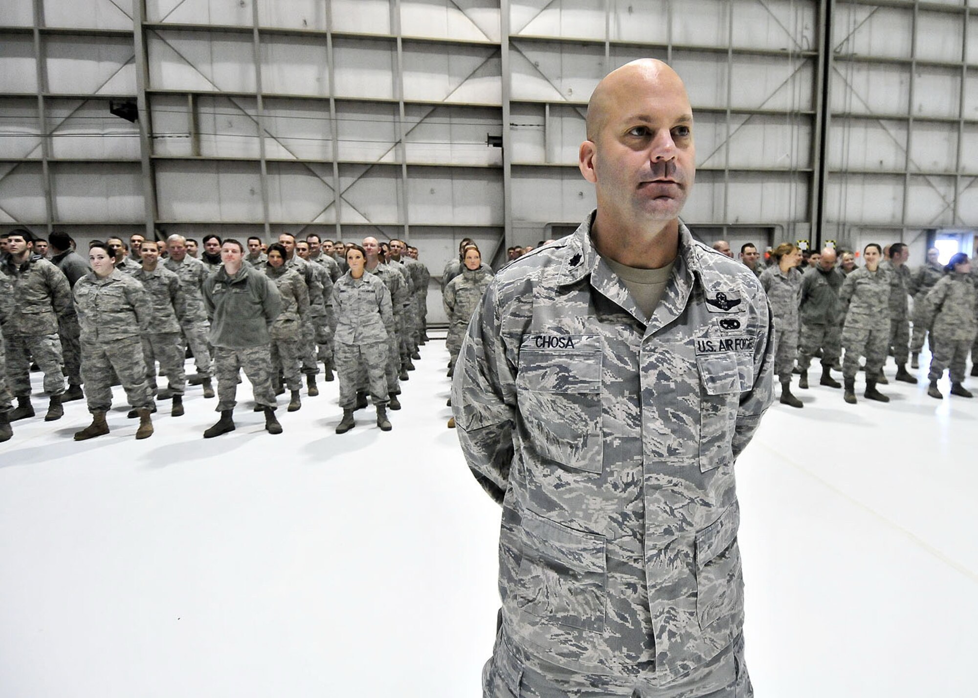 128th Air Refueling Wing Maintenance Squadron Commander, Lt. Col. Anthony Chosa, stands at parade rest with his squadron during the Commander’s Call Sunday, December 05, 2010.  The Commander's Call was given by Brig. Gen. Donald P. Dunbar, the Adjutant General for the Wisconsin National Guard.  U.S. Air Force photo by Staff Sgt. Nathan T. Wallin / released