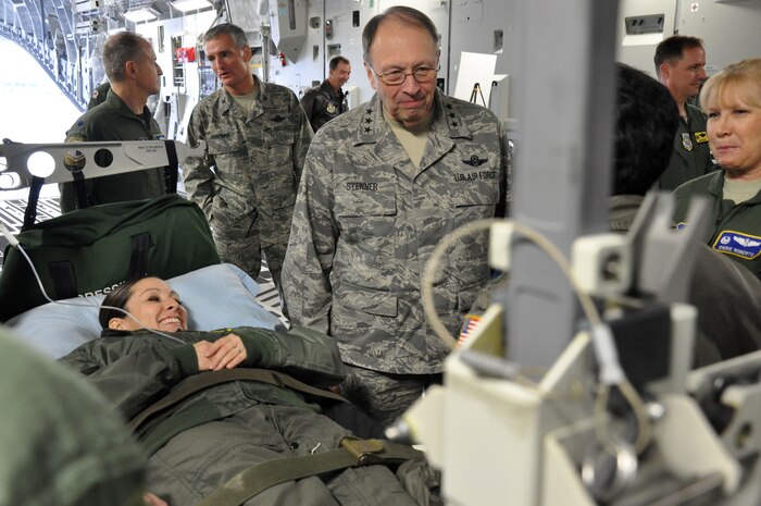 Lt. Gen. Charles Stenner, Chief of Air Force Reserve, receives a brief by a member of the 315th Aeromedical Evacuation Squadron, Joint Base Charleston, S.C., during his official visit here Dec. 4, 2010. (U.S. Air Force photo/Senior Airman Robert Pilch) 
