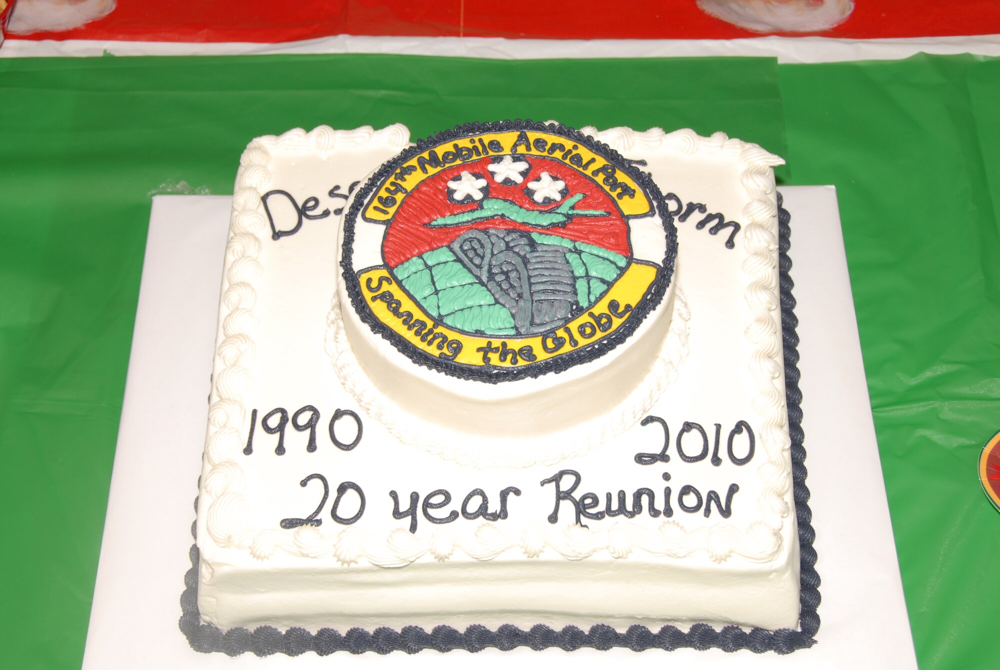 A cake commemorating the 20 Year Desert Storm Deplyment Reunion for the 164th Aerial Port Squadron.