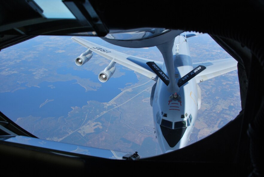 The 507th Air Refueling Wing’s KC-135R boom prepares to connect to a receiver aircraft to off-load fuel during the Dec 3rd refueling mission. Employers were able to observe the refueling process from the boom pod area.