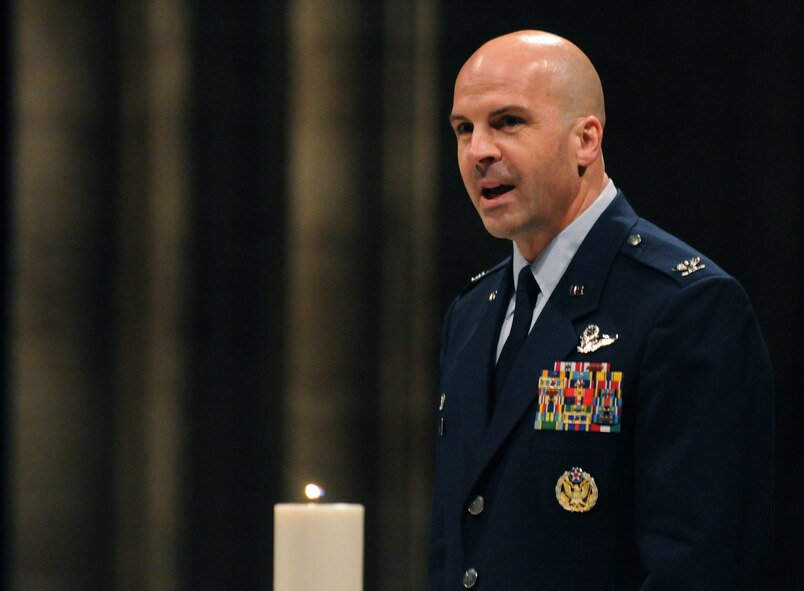 RAF MILDENHALL, England -- Col. Chad Manske, 100th Air Refueling Wing commander, gives the opening greeting during the Thanksgiving service Nov. 24, 2010, in Ely Cathedral. The service gives U.S. servicemembers in England an opportunity to enjoy a holiday service at one of the cathedrals in the local area. (U.S. Air Force photo/Staff Sgt. Thomas Trower)