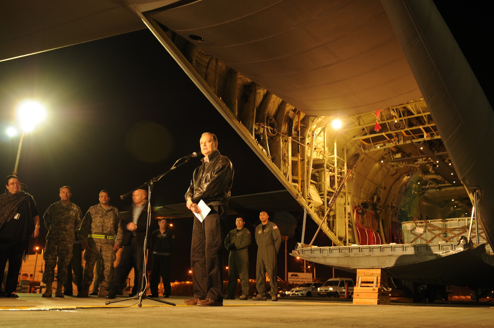 TEL AVIV, Israel -- Ambassador James B. Cunningham, U.S. Ambassador to Israel,  speaks to media in front of a C-130J Super Hercules that transported fire retardant to support the response to wildfires near Haifa, Israel, Dec. 4. U.S. Air Forces in Europe airlifted 20 tons of fire retardant to Israel in a joint effort to provide humanitarian assistance combating the worst wildfires in the nation's history. U.S. European Command purchased the fire retardant and began a mission following an official request from the Israeli government for support. (U.S. Air Force photo/Staff Sgt. Benjamin Wilson)