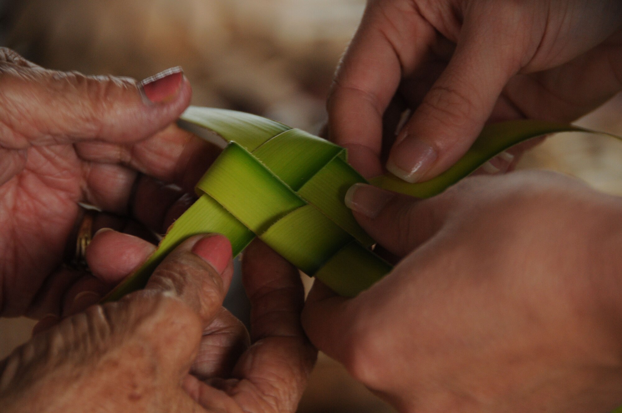 A fish is weaved out of coconut leaves at Gef Pa’go Chamorro Cultural Village in Inarajan Bay. Andersen Elementary School 2nd graders visited the village during a recent field trip to experience and learn about Chamorro culture. (U.S. Air Force photo/Master Sgt. Carrie Hinson)