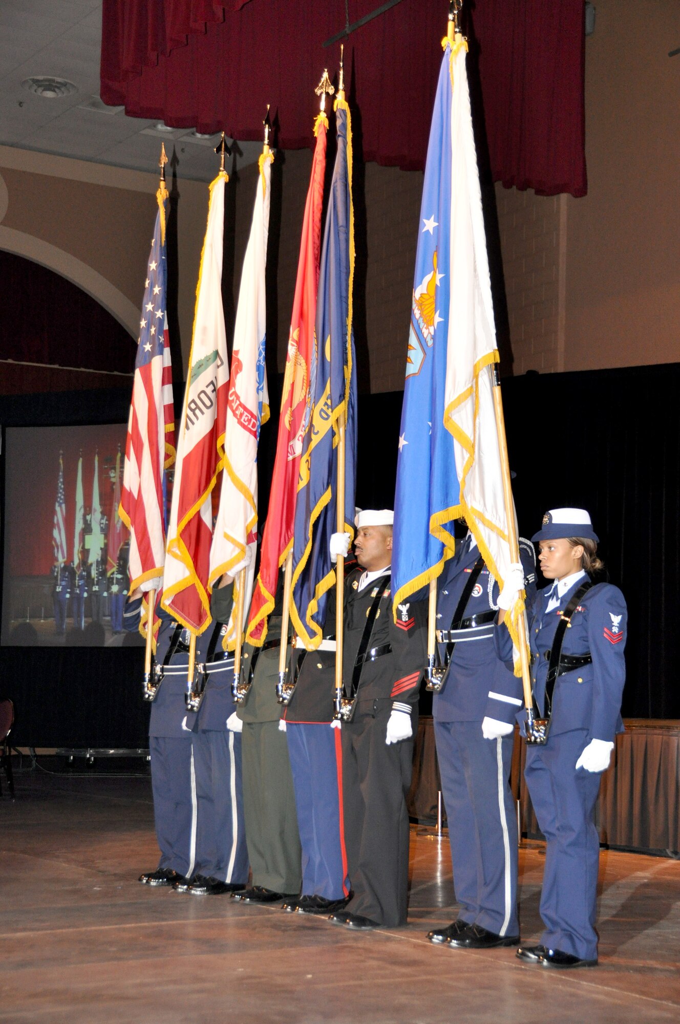All services were represented in this year's Military Ball and the honor guard was no exception.  "Over There: March ARB Deployed" was the theme of this year's Military Ball at Raincross Square Riverside Convention Center.  (U.S. Air Force photo/Master Sgt. Michael Blair)