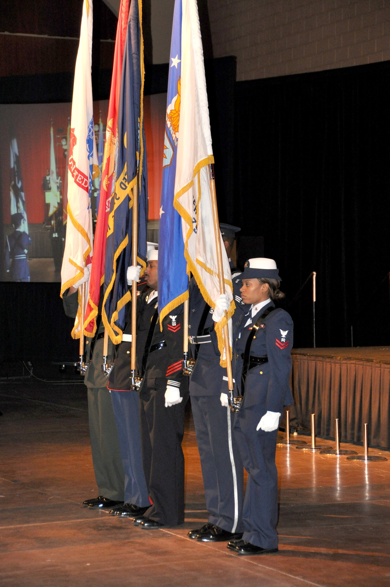 All services were represented in this year's Military Ball and the honor guard was no exception.  "Over There: March ARB Deployed" was the theme of this year's Military Ball at Raincross Square Riverside Convention Center.  (U.S. Air Force photo/Master Sgt. Michael Blair)