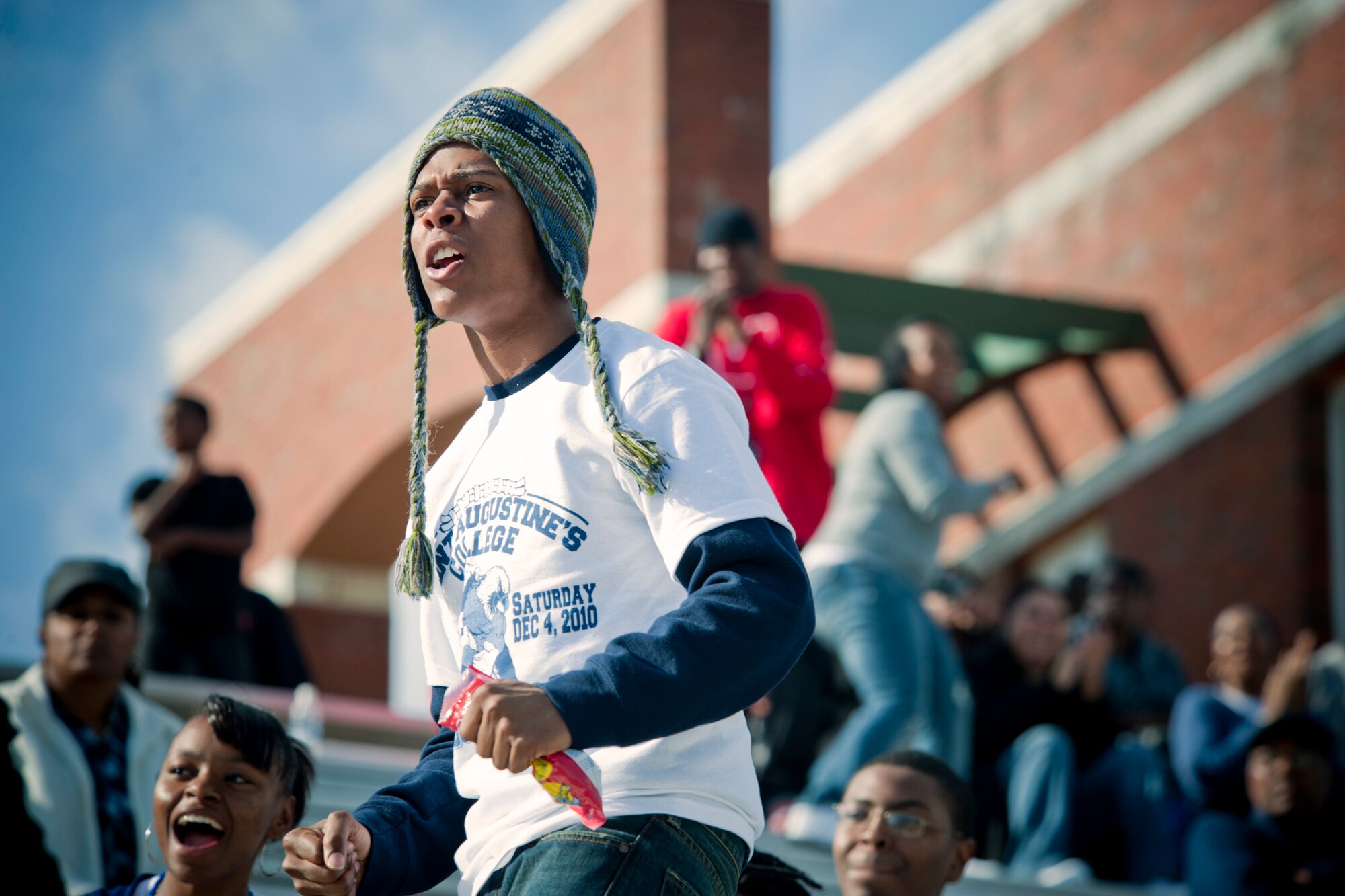 COLUMBUS, Ga. -- A St. Augustine's College Falcons fan cheers after a play during the 2010 Pioneer Bowl Dec. 4 at the A.J. McClung Memorial Stadium. The Falcons beat the Fort Valley State University Wildcats 20-9. The game was the 12th installment of the Pioneer Bowl and the first to take place at Columbus. (U.S. Air Force photo/Senior Airman Jamal D. Sutter)(RELEASED)