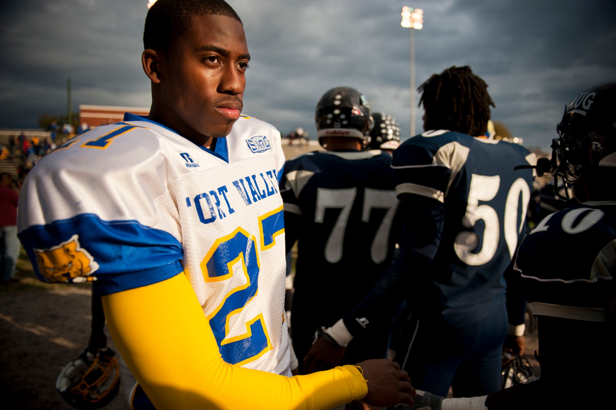 COLUMBUS, Ga. -- Marquette King, Fort Valley State University Wildcats punt kicker, shakes hands with the St. Augustine's College Falcons at the conclusion of the 2010 Pioneer Bowl Dec. 4 at the A.J. McClung Memorial Stadium. The Falcons beat the Wildcats 20-9. The game was presented by the U.S. Air Force and was the first Pioneer Bowl to take place in Columbus. (U.S. Air Force photo/Senior Airman Jamal D. Sutter)(RELEASED)