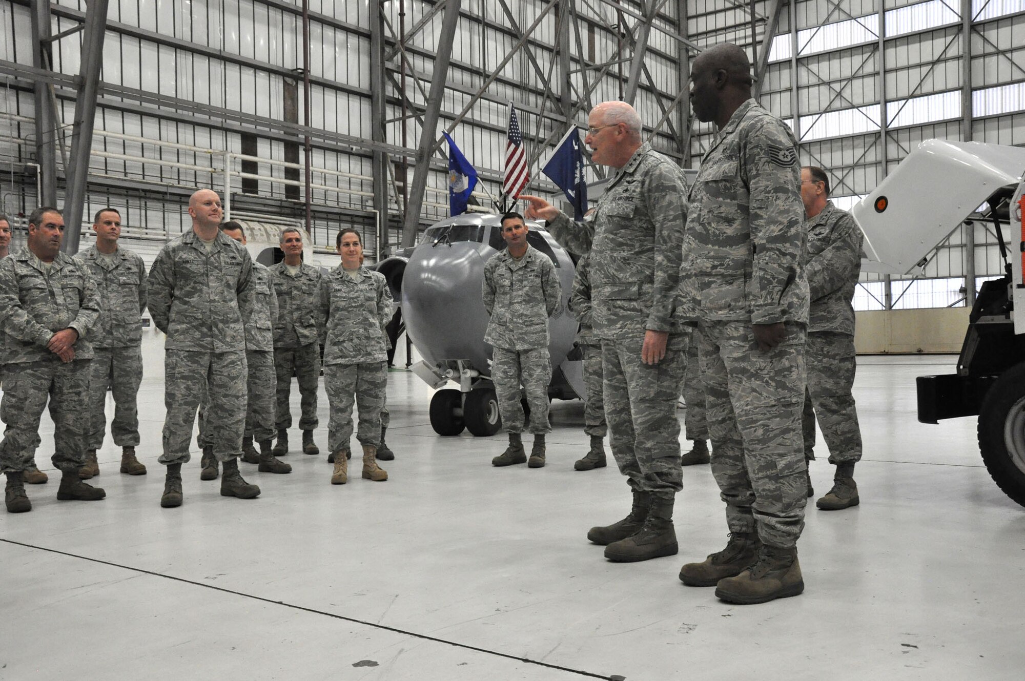 Lt. Gen. Loren Reno, Deputy Chief of Staff for Logistics, Installations and Mission Support asks questions and shares stories with members of the 315th Maintenance Group during an official visit to Joint Base Charleston, S.C. Dec. 4, 2010. (U.S. Air Force photo/Senior Airman Robert Pilch) 
