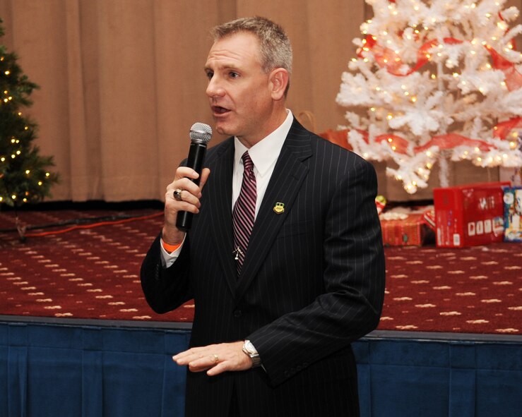 Col. Tim Fay, 2nd Bomb Wing commander, gives his closing remarks during the 2 BW "Holly" Day party at Hoban Hall on Barksdale Air Force Base, La., Dec. 2. The party was held as a way to bring the entire wing together for the holidays. (U.S. Air Force photo/Airman 1st Class Sean Martin)