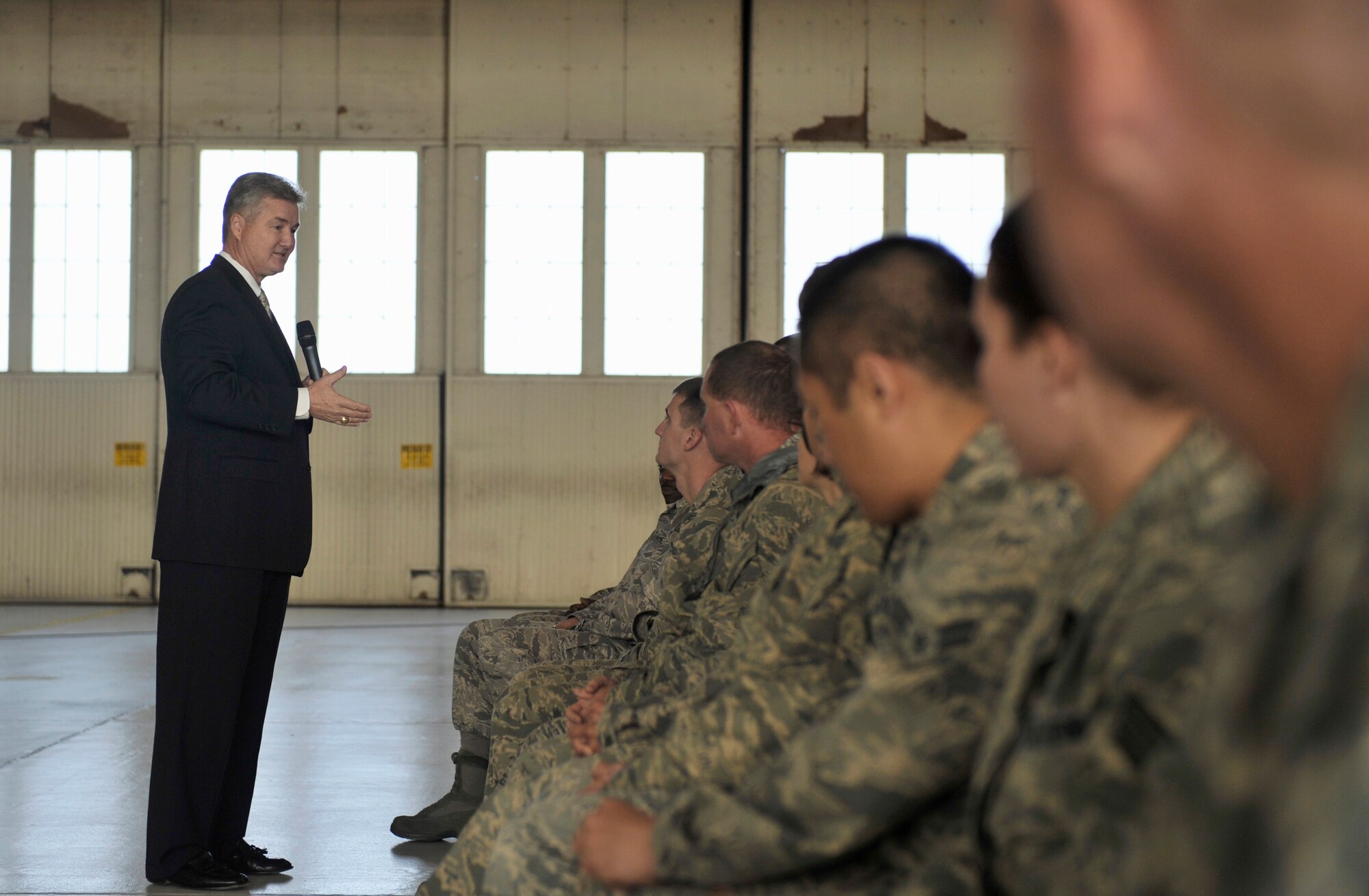 Retired Chief Master Sgt. of the Air Force Gerald Murray talks to Airmen during a chief's call Dec. 2, 2010, at Moody Air Force Base, Ga. After the speech, Chief Murray answered questions from the crowd pertaining to changes or concerns they may have about the Air Force. (U.S. Air Force photo/Airman 1st Class Nicholas Benroth)