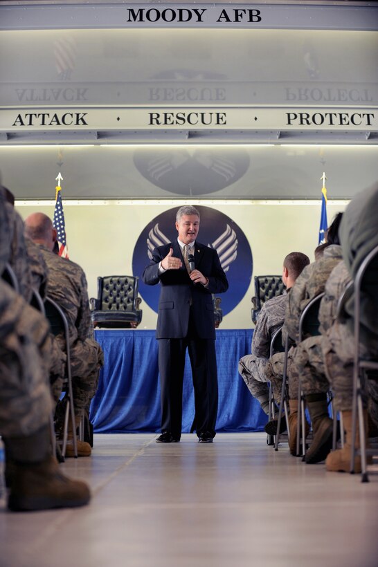 Retired Chief Master Sgt. of the Air Force Gerald Murray speaks during a chief's call Dec. 2, 2010, at Moody Air Force Base, Ga. Chief Murray was appointed CMSAF on July 1, 2002 and became the 14th man to hold that position. (U.S. Air Force photo/Airman 1st Class Douglas Ellis)